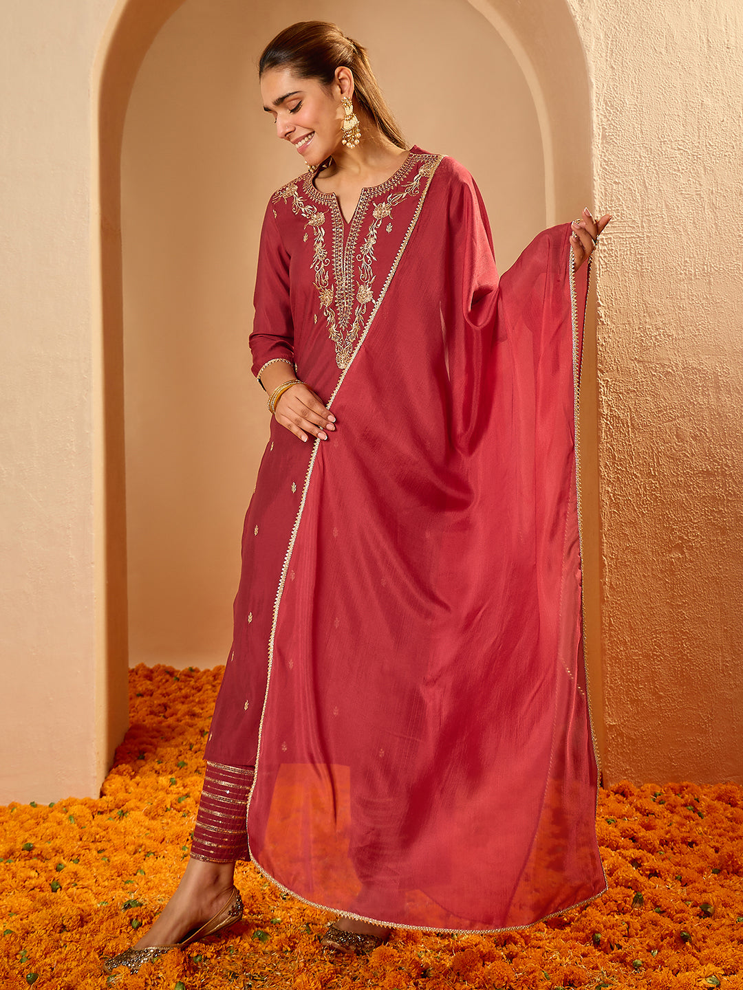 Janasya Women's Maroon Chanderi Silk Floral Zari Embroidered Straight Kurta Set