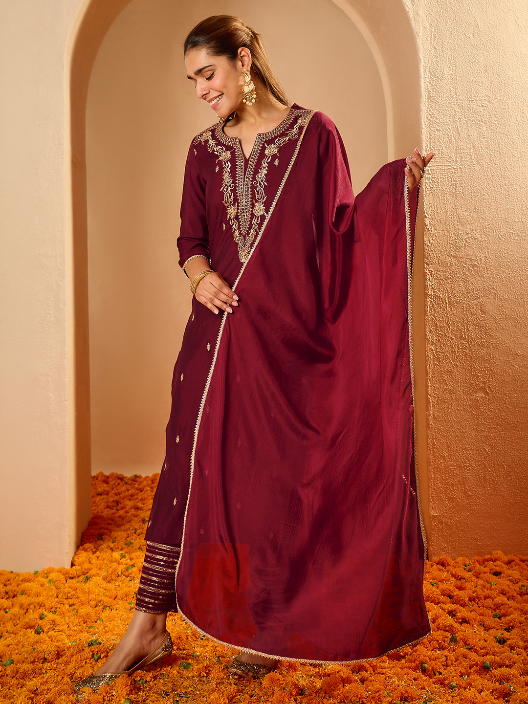 Janasya Women's Maroon Chanderi Silk Floral Zari Embroidered Straight Kurta Set