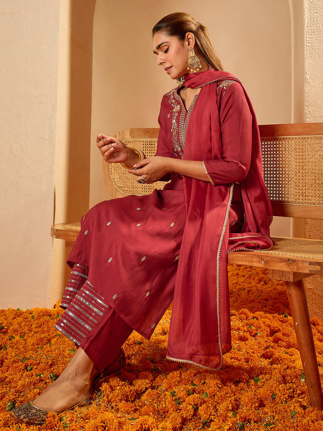 Janasya Women's Maroon Chanderi Silk Floral Zari Embroidered Straight Kurta Set