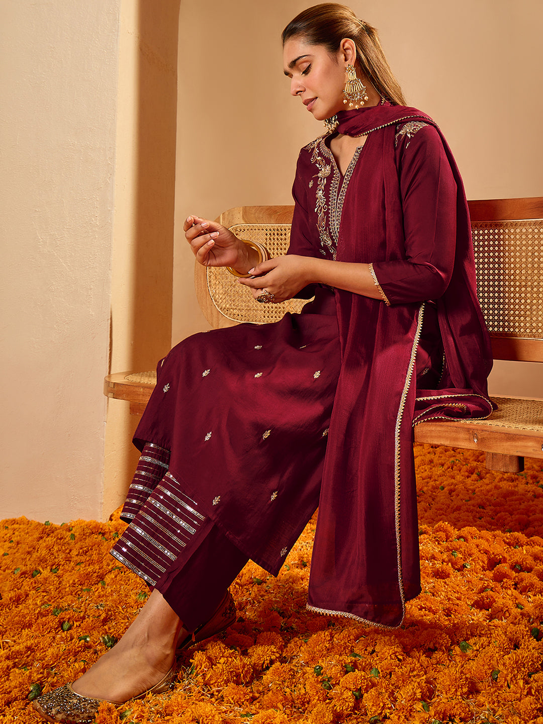 Janasya Women's Maroon Chanderi Silk Floral Zari Embroidered Straight Kurta Set