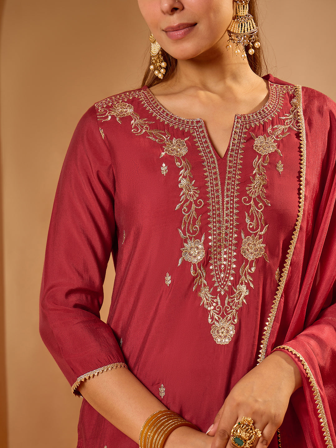 Janasya Women's Maroon Chanderi Silk Floral Zari Embroidered Straight Kurta Set