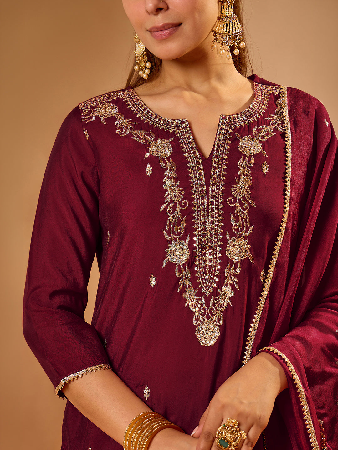 Janasya Women's Maroon Chanderi Silk Floral Zari Embroidered Straight Kurta Set