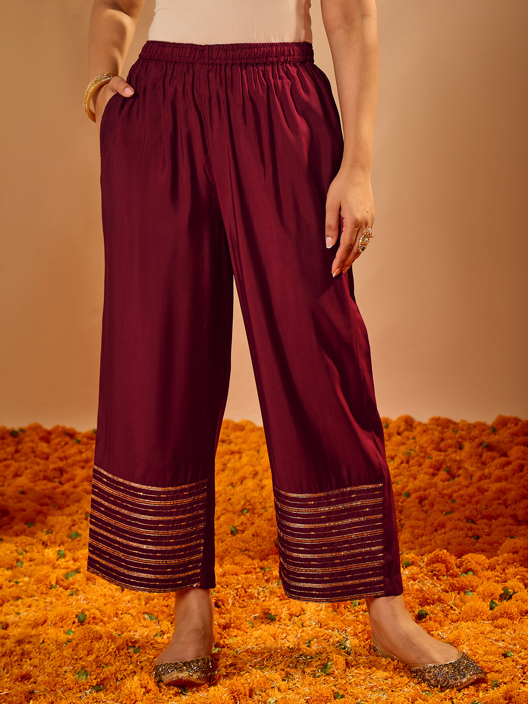 Janasya Women's Maroon Chanderi Silk Floral Zari Embroidered Straight Kurta Set