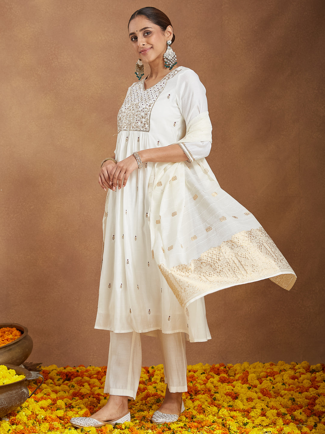 Janasya Women's Off White Chanderi Silk Zari Embroidered A-line Kurta Set With Dupatta