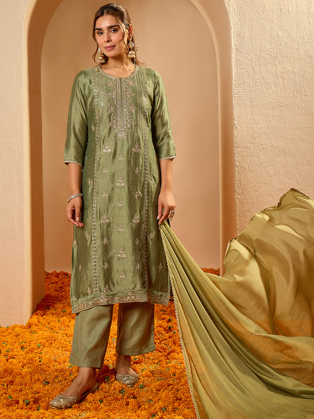 Janasya Women's Sage Green Silk Blend Floral Zari Embroidered Straight Kurta Set