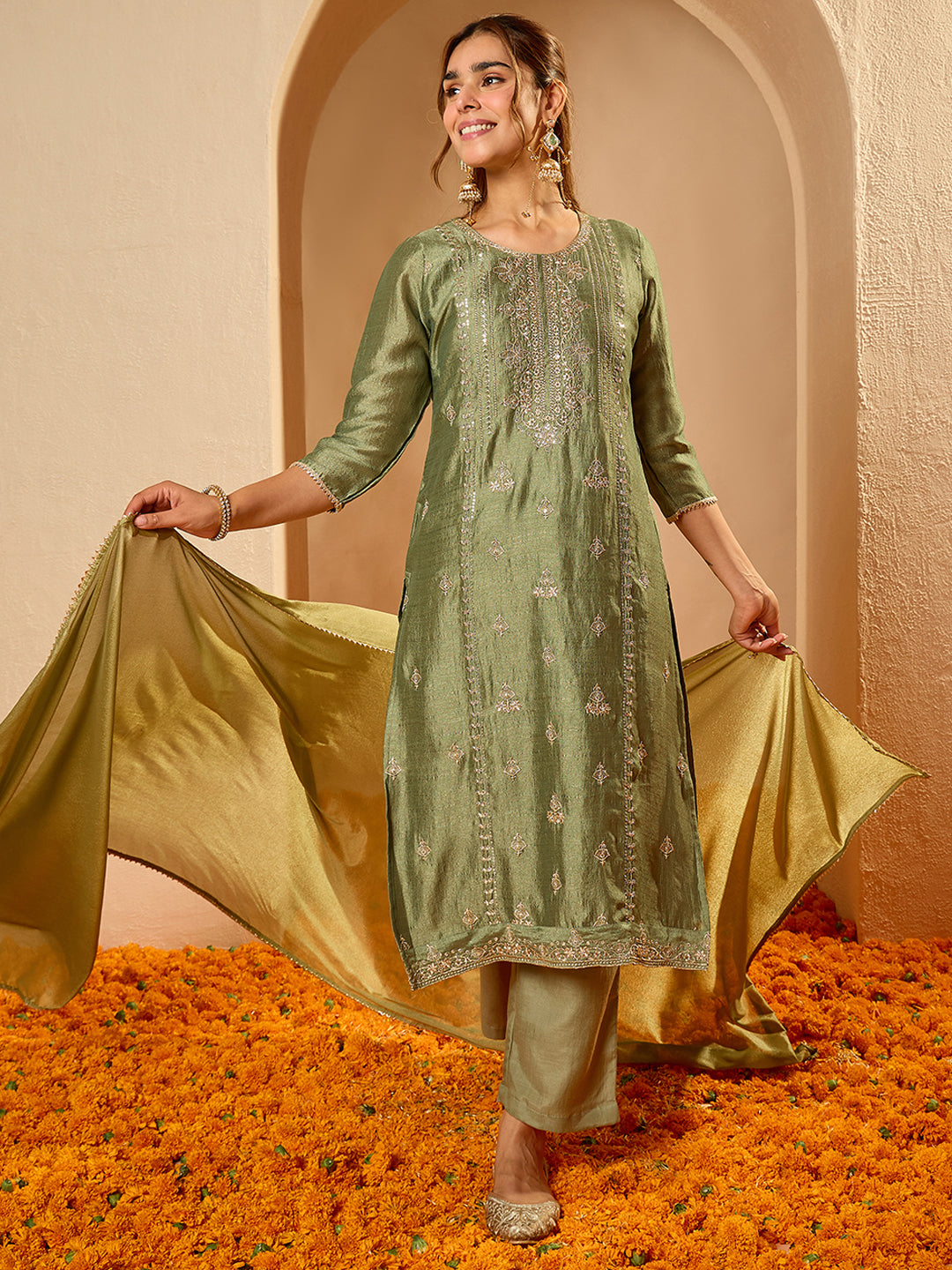 Janasya Women's Sage Green Silk Blend Floral Zari Embroidered Straight Kurta Set