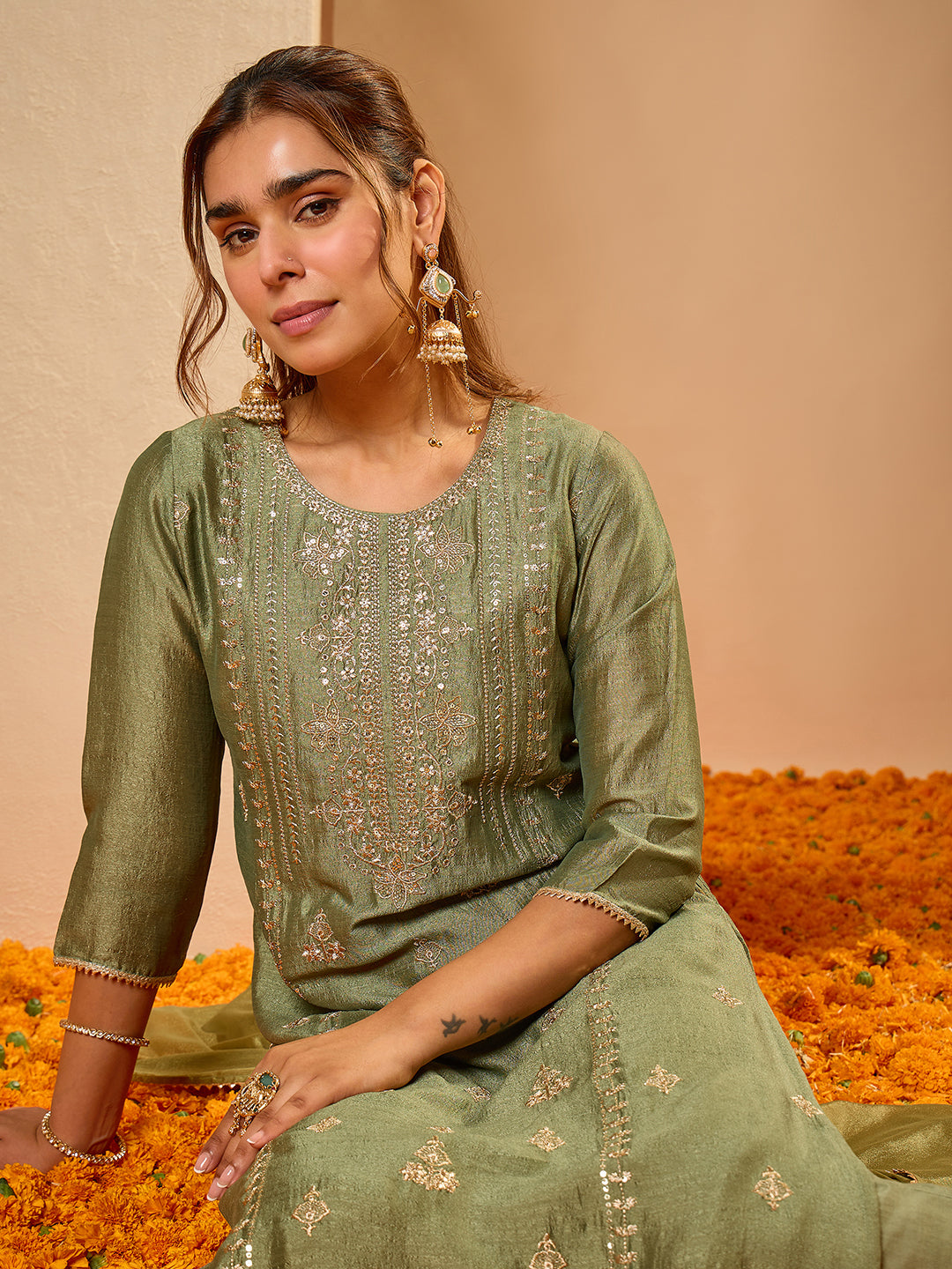 Janasya Women's Sage Green Silk Blend Floral Zari Embroidered Straight Kurta Set