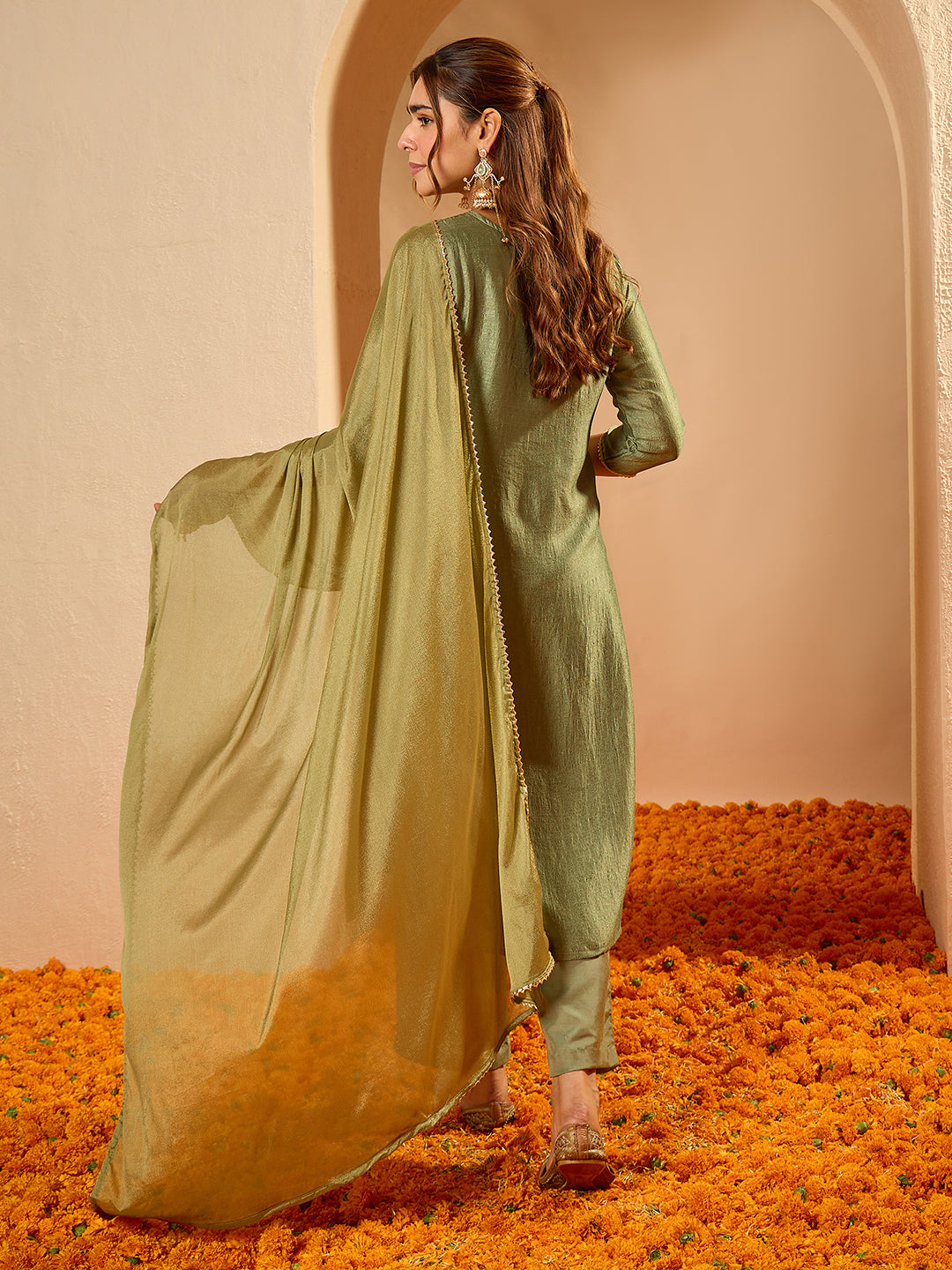 Janasya Women's Sage Green Silk Blend Floral Zari Embroidered Straight Kurta Set