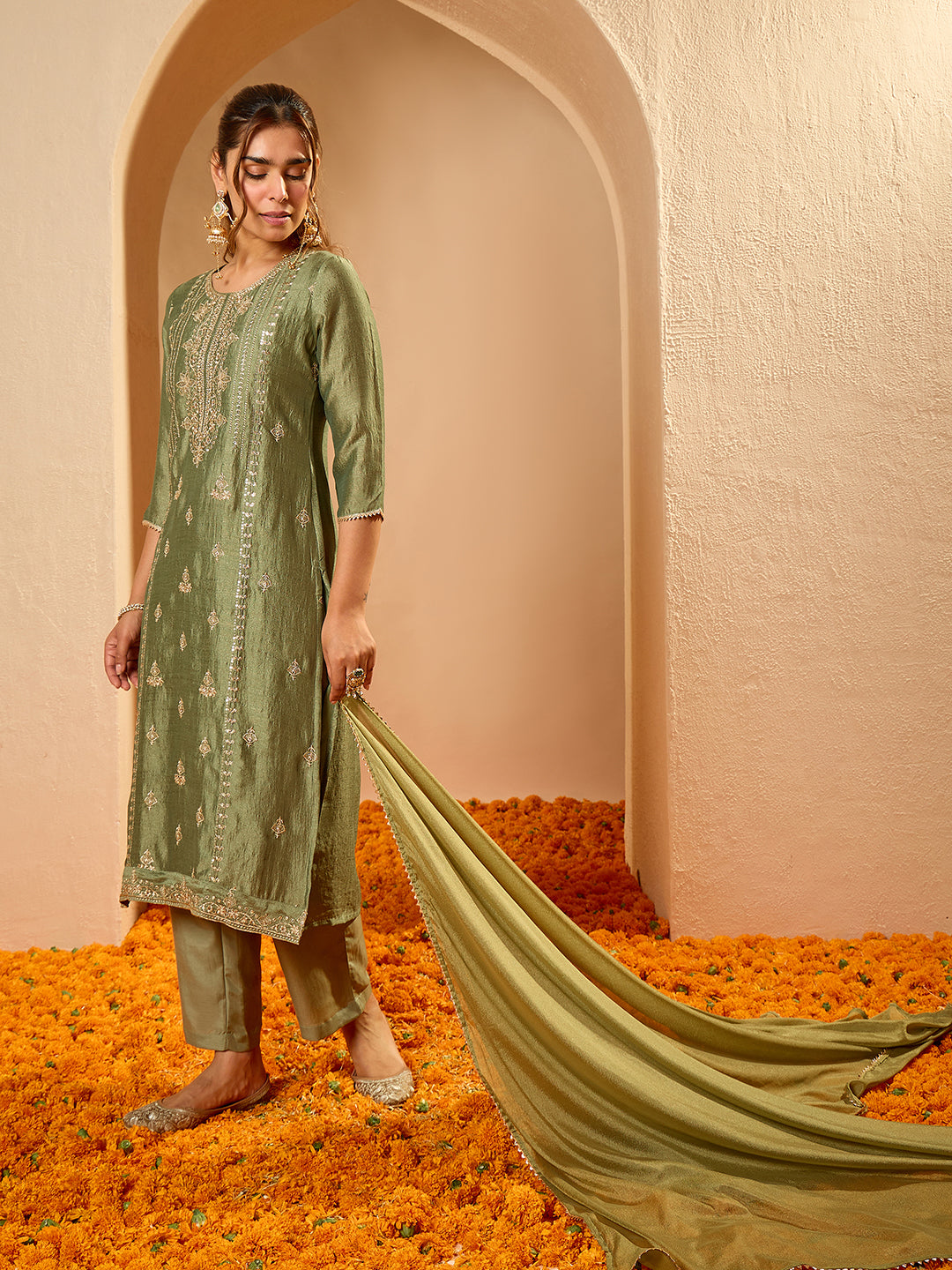 Janasya Women's Sage Green Silk Blend Floral Zari Embroidered Straight Kurta Set