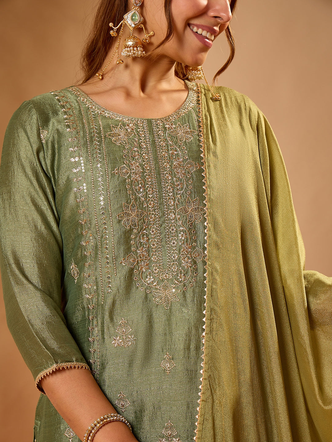 Janasya Women's Sage Green Silk Blend Floral Zari Embroidered Straight Kurta Set