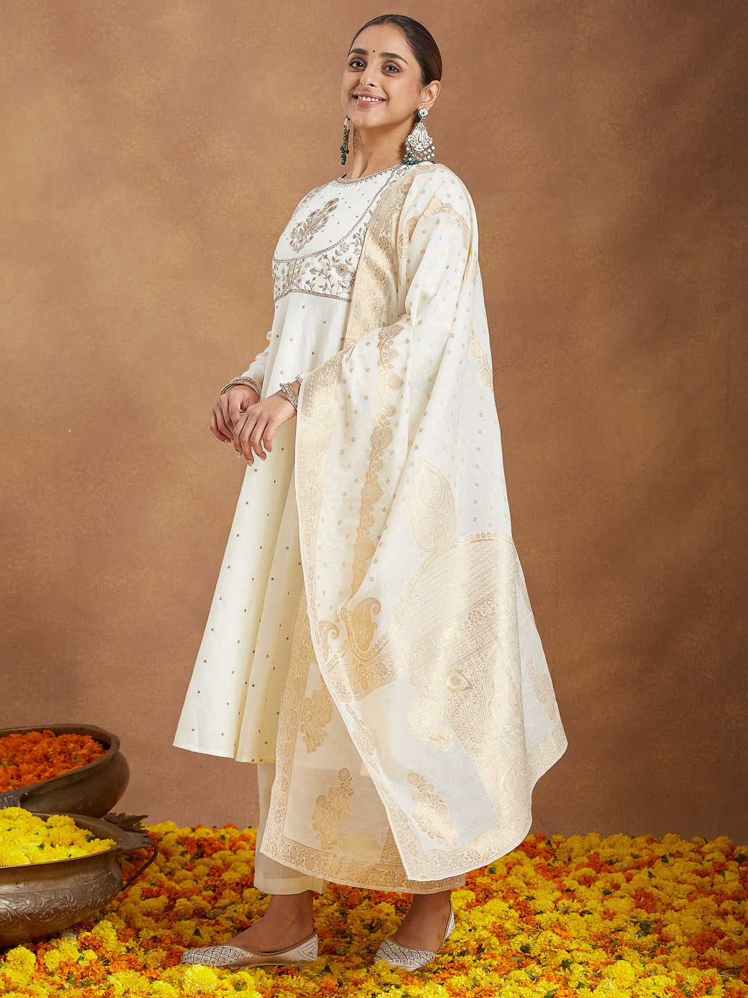 Janasya Women's Off White Chanderi Silk Embroidered A-line Kurta Set