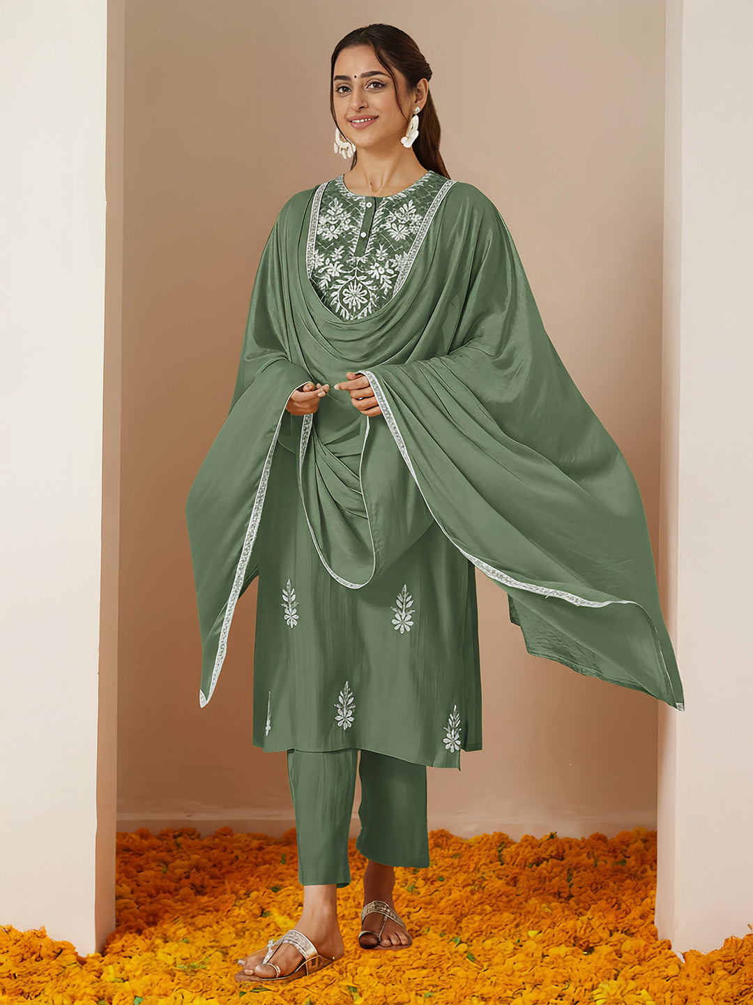 Janasya Women's Sage Green Silk Blend Embroidered Straight Kurta Set