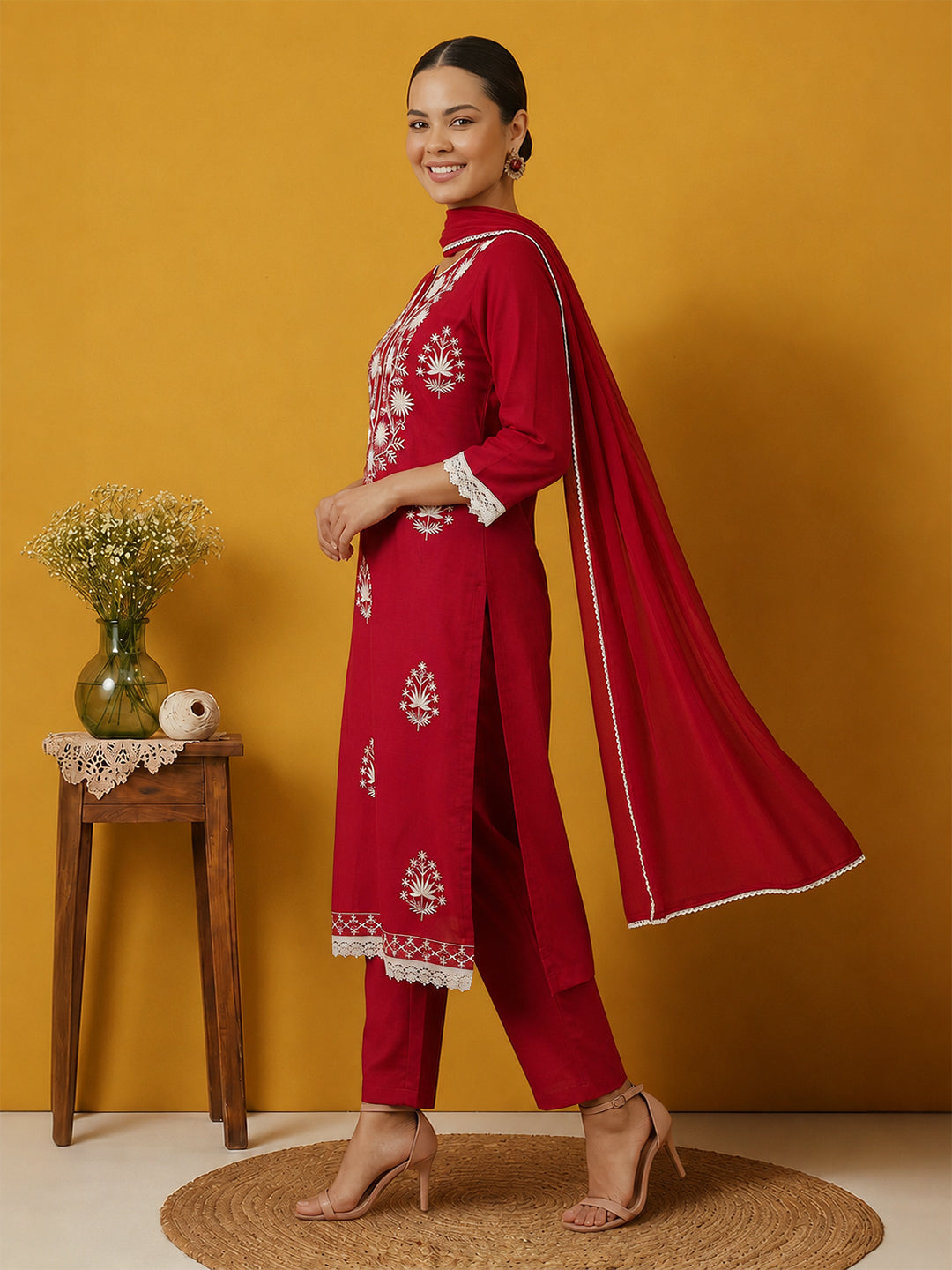 Janasya Women's Maroon Silk Blend Embroidered Straight Kurta Set