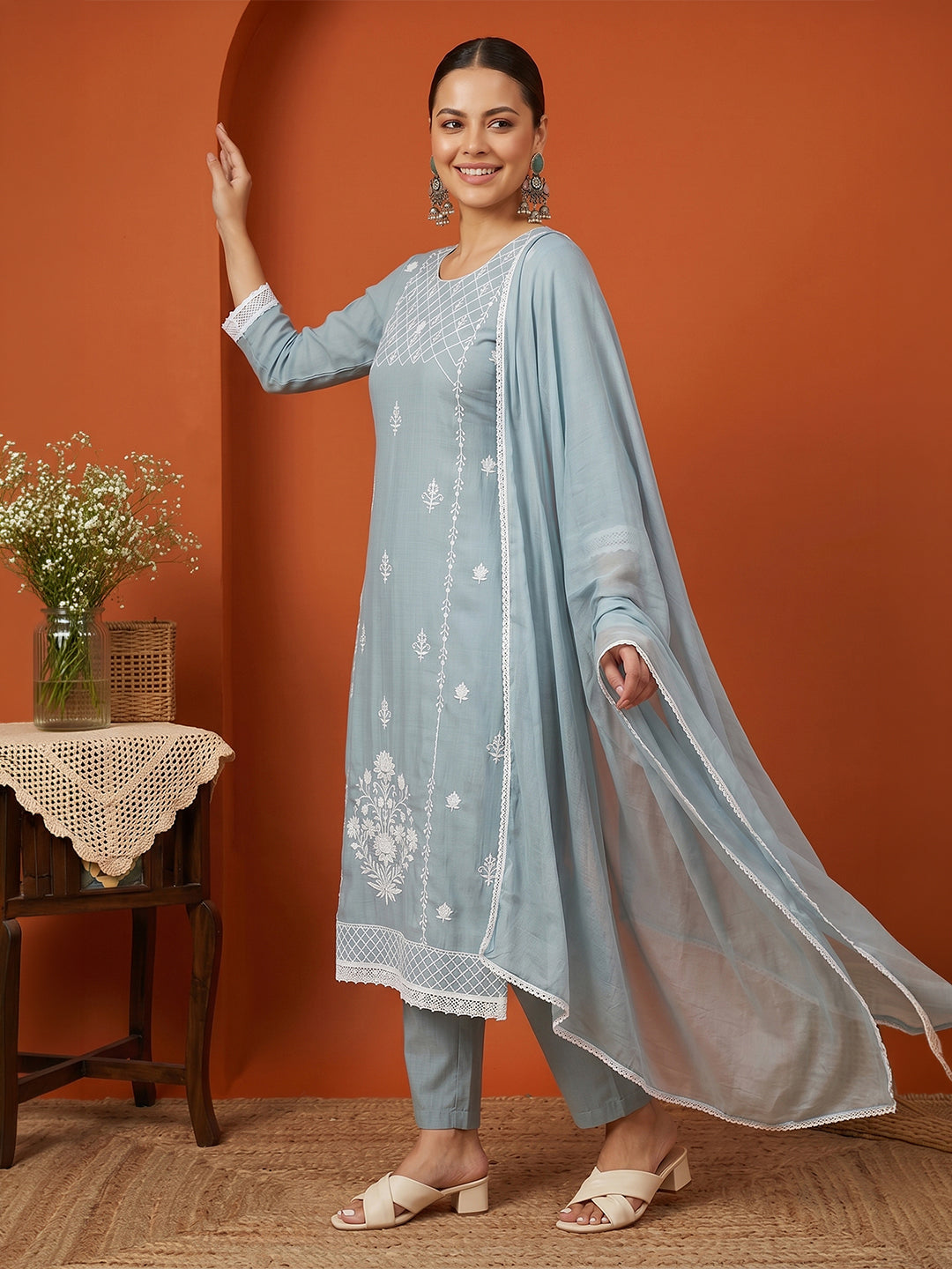 Janasya Women's Powder Blue Silk Blend Embroidered Straight Kurta Set