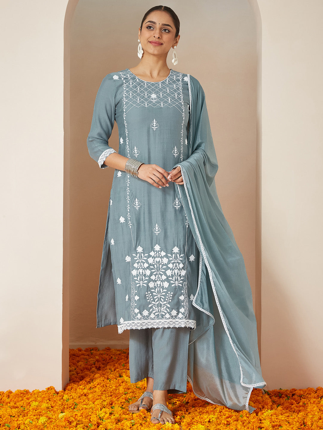 Janasya Women's Powder Blue Silk Blend Embroidered Straight Kurta Set