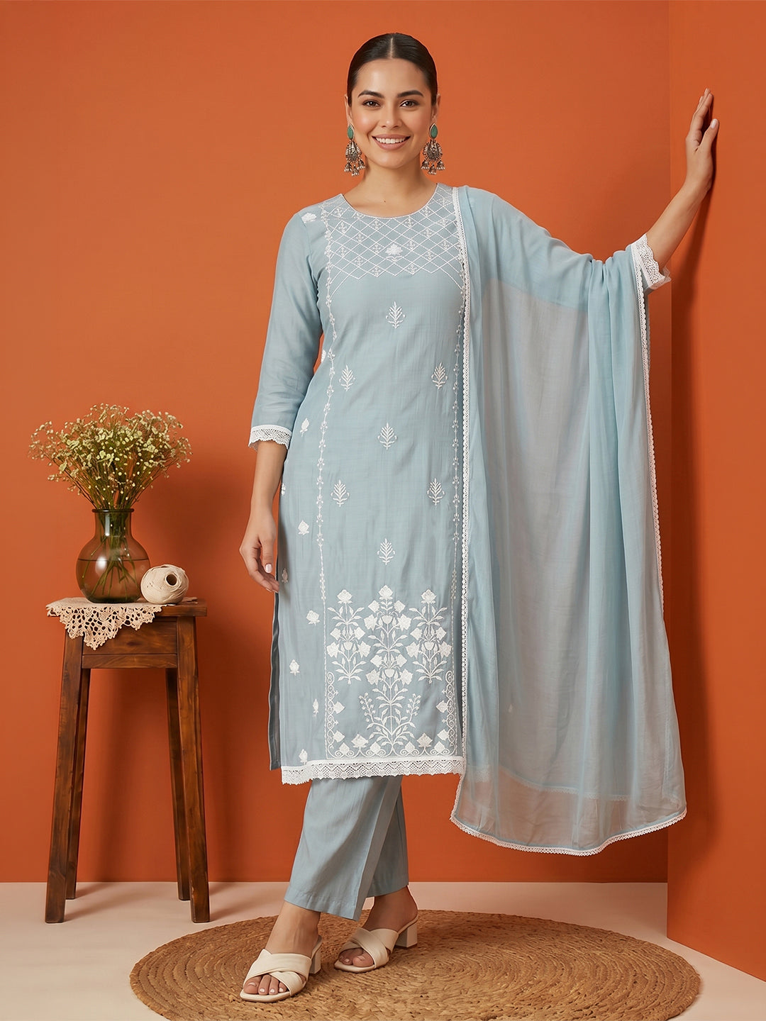 Janasya Women's Powder Blue Silk Blend Embroidered Straight Kurta Set