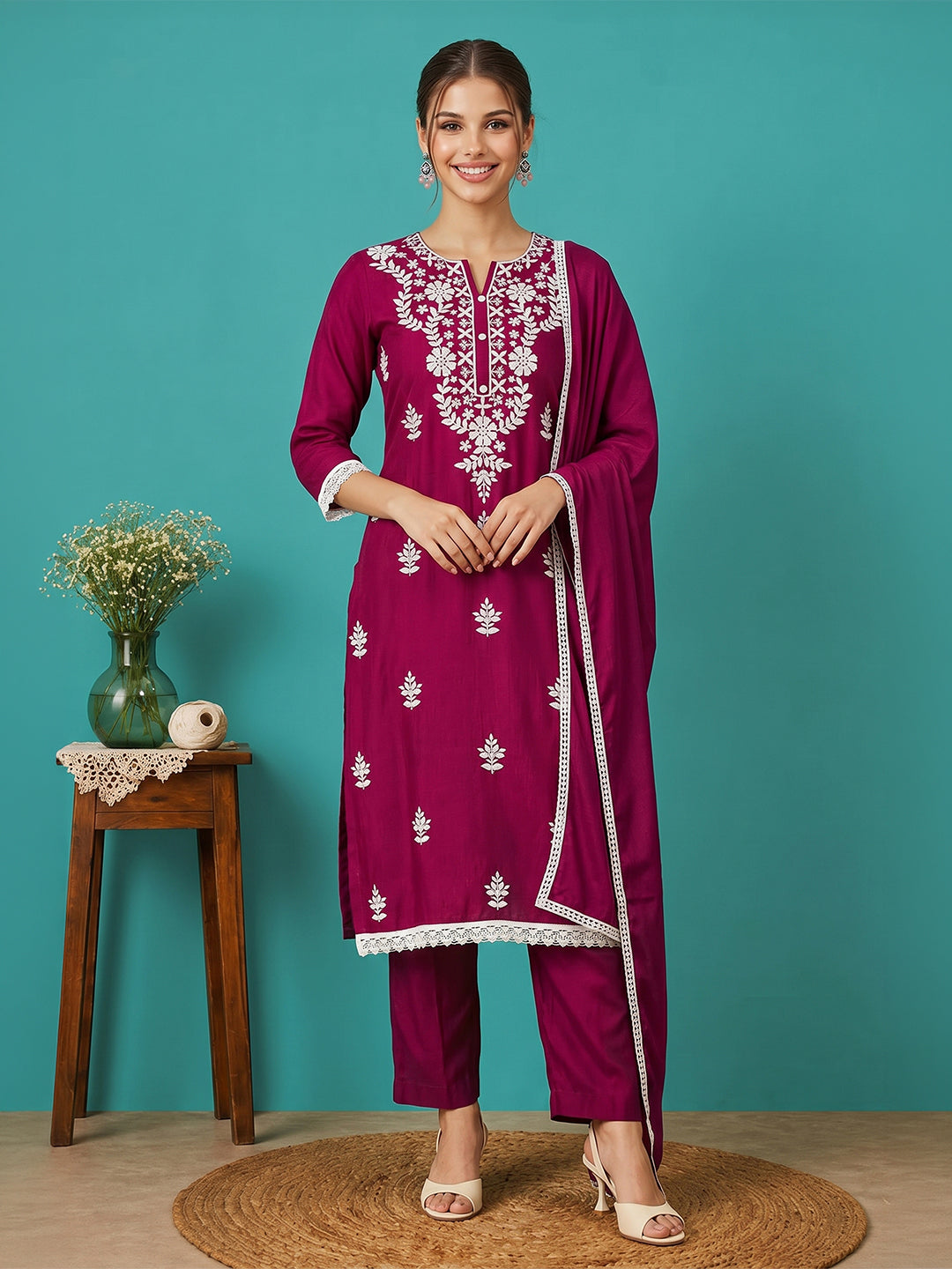 Janasya Women's Pink Silk Blend Embroidered Straight Kurta Set With Dupatta