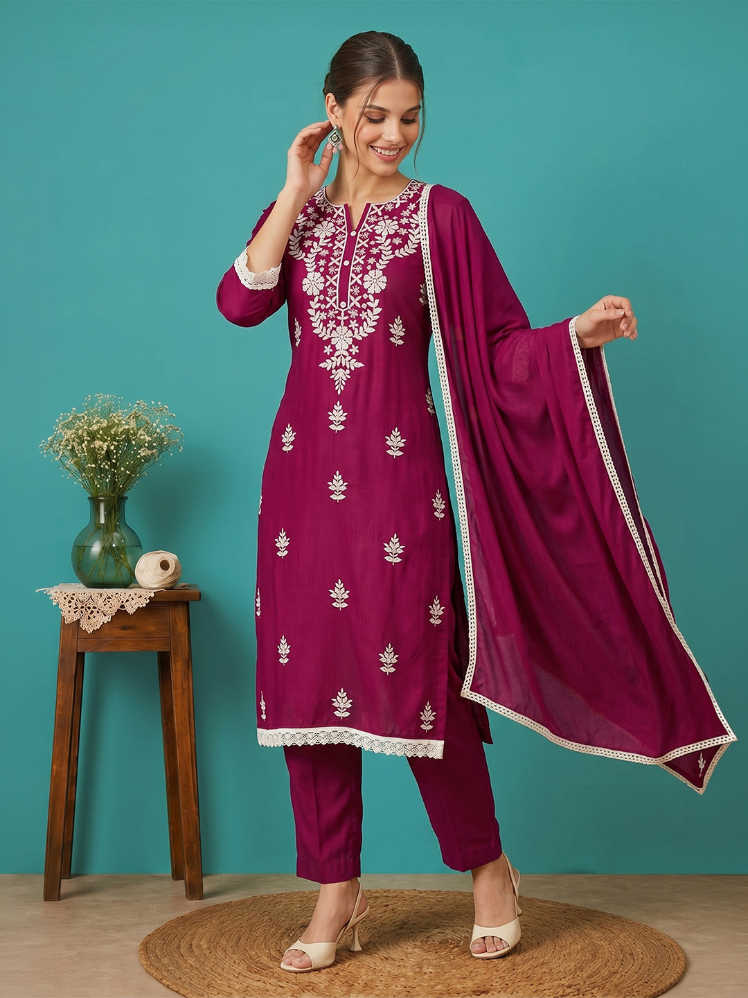 Janasya Women's Pink Silk Blend Embroidered Straight Kurta Set With Dupatta