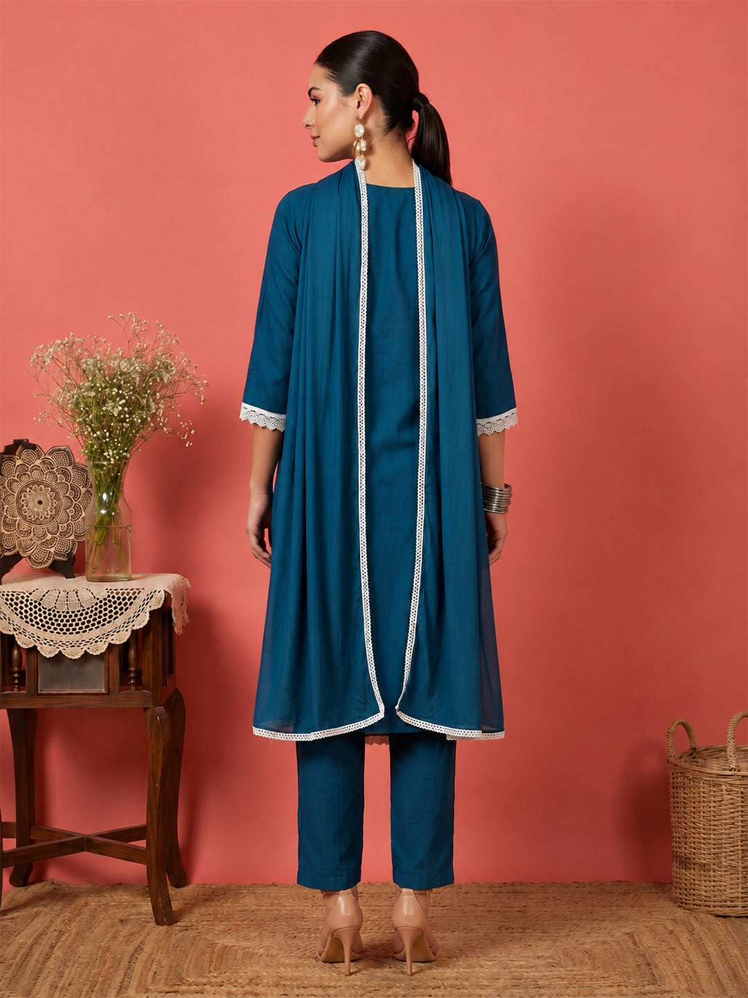 Janasya Women's Teal Blue Silk Blend Embroidered Straight Kurta Set