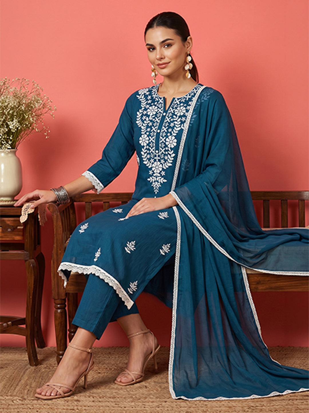 Janasya Women's Teal Blue Silk Blend Embroidered Straight Kurta Set