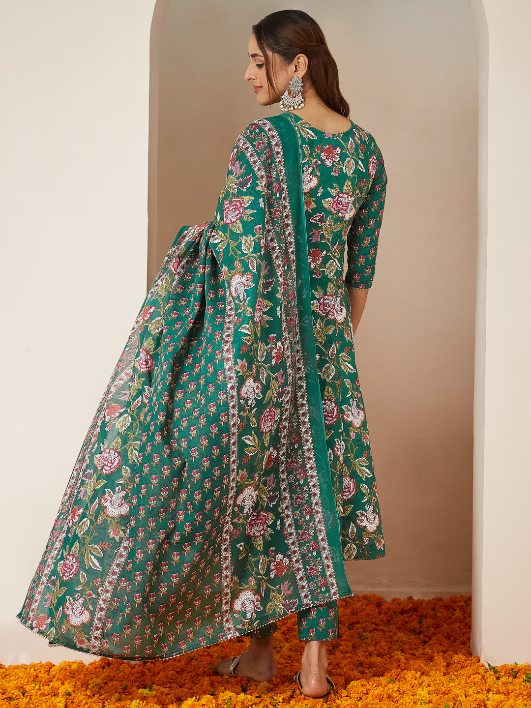 Janasya Women's Green Pure Cotton Floral Printed Yoke Design Anarkali Kurta Set