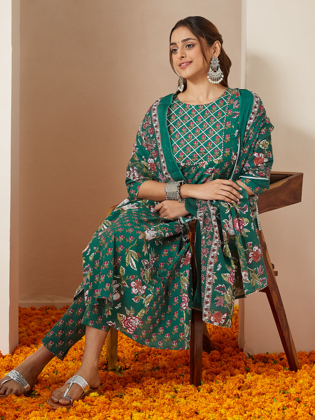 Janasya Women's Green Pure Cotton Floral Printed Yoke Design Anarkali Kurta Set