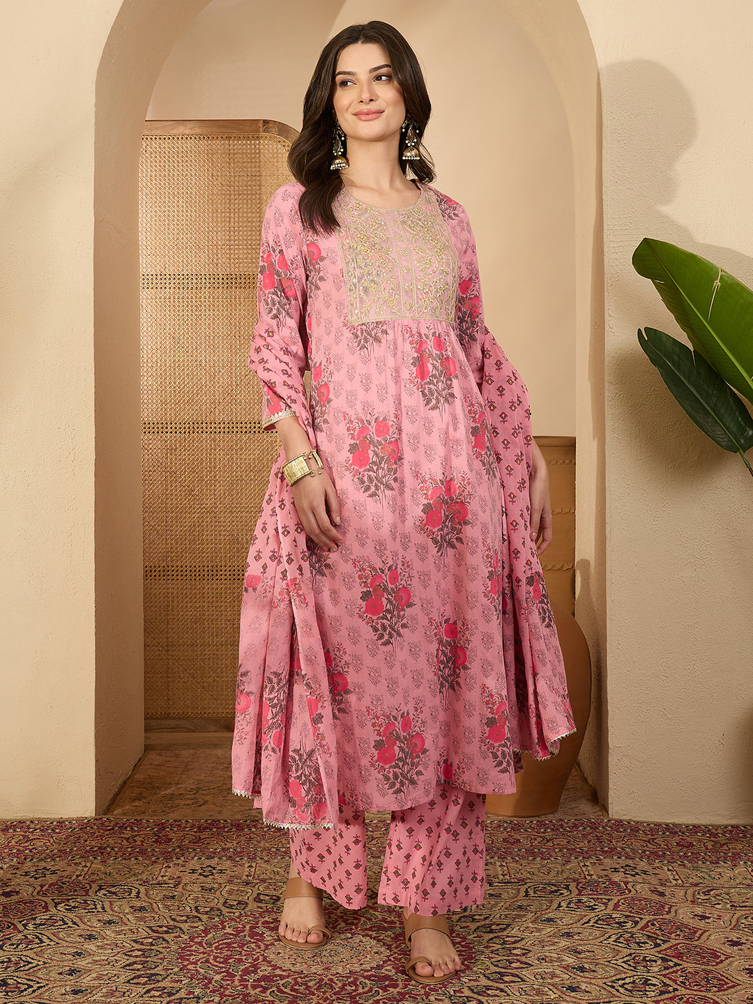 Janasya Women's Pink Pure Cotton Yoke Embroidered Floral Printed A-Line Kurta Set