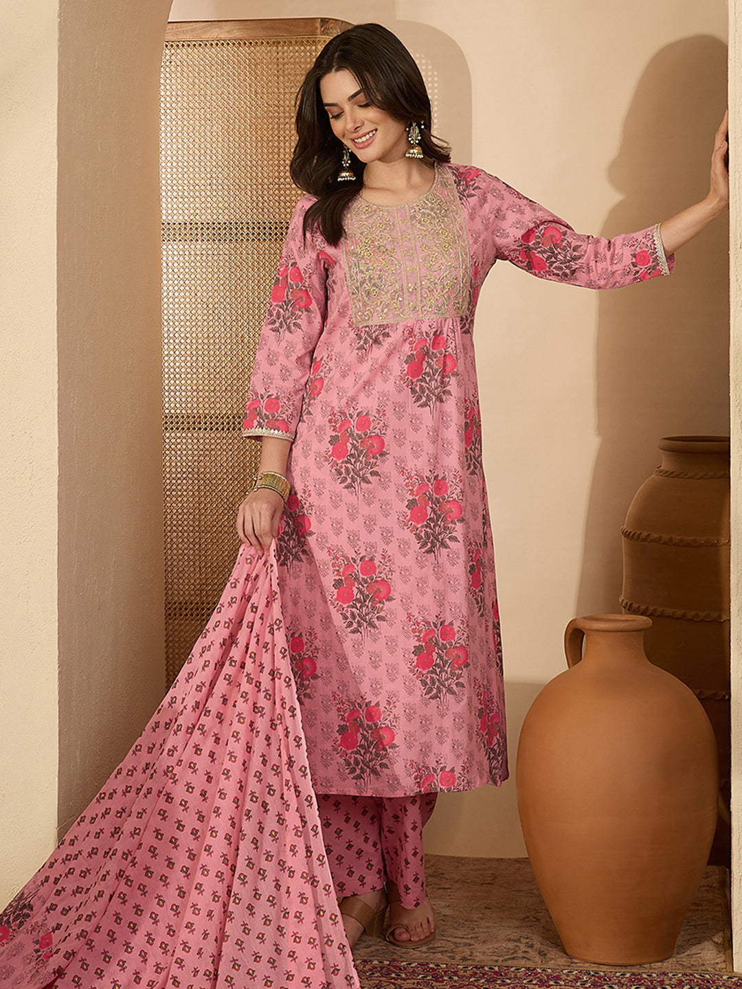 Janasya Women's Pink Pure Cotton Yoke Embroidered Floral Printed A-Line Kurta Set
