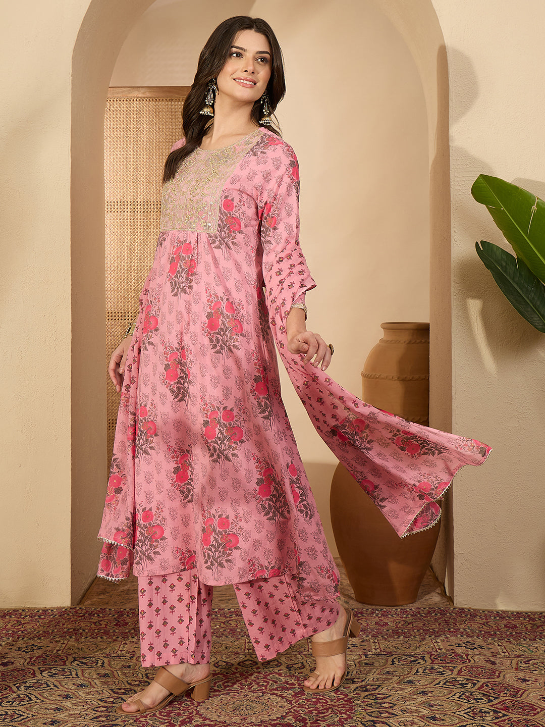Janasya Women's Pink Pure Cotton Yoke Embroidered Floral Printed A-Line Kurta Set
