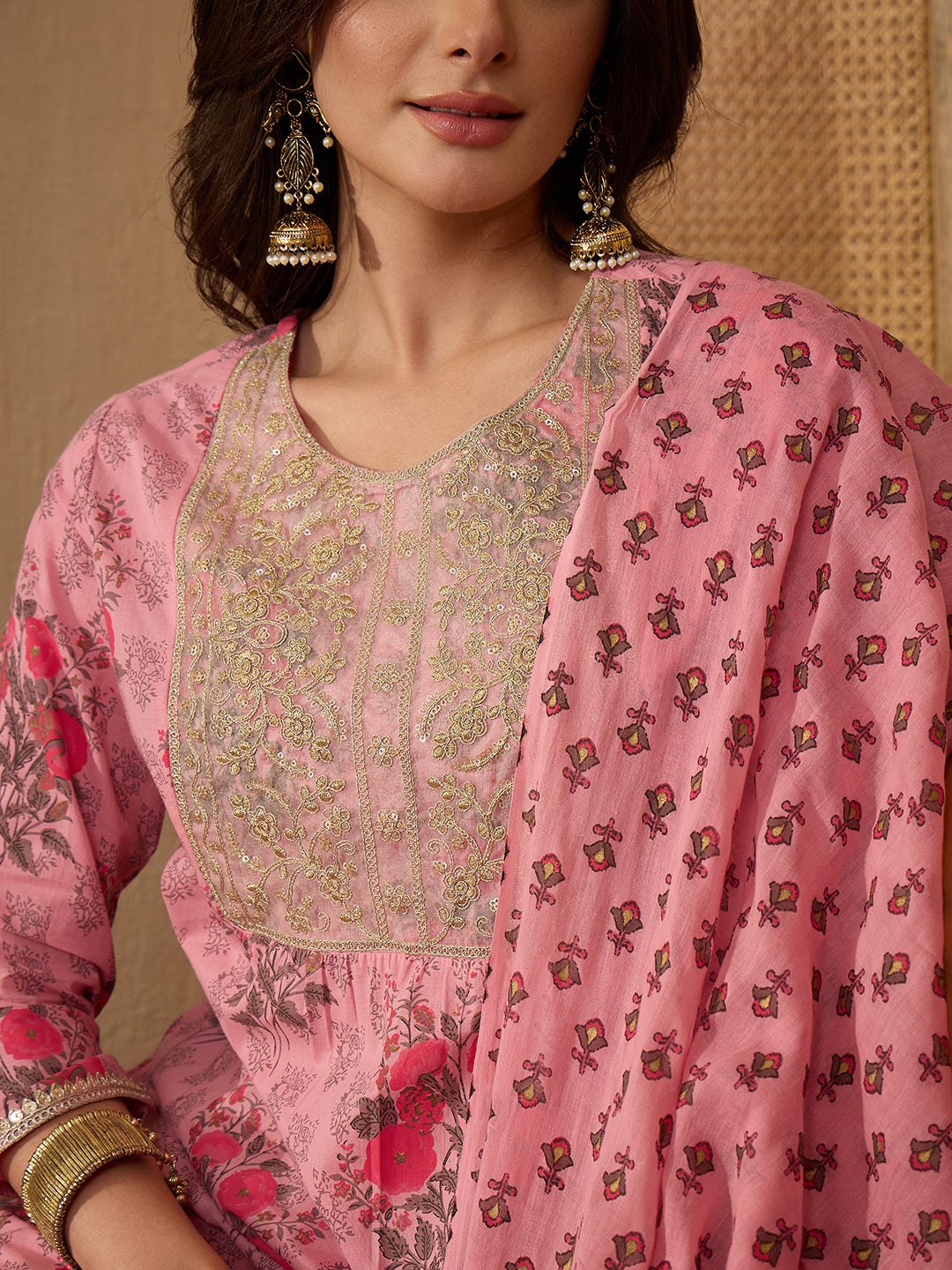 Janasya Women's Pink Pure Cotton Yoke Embroidered Floral Printed A-Line Kurta Set