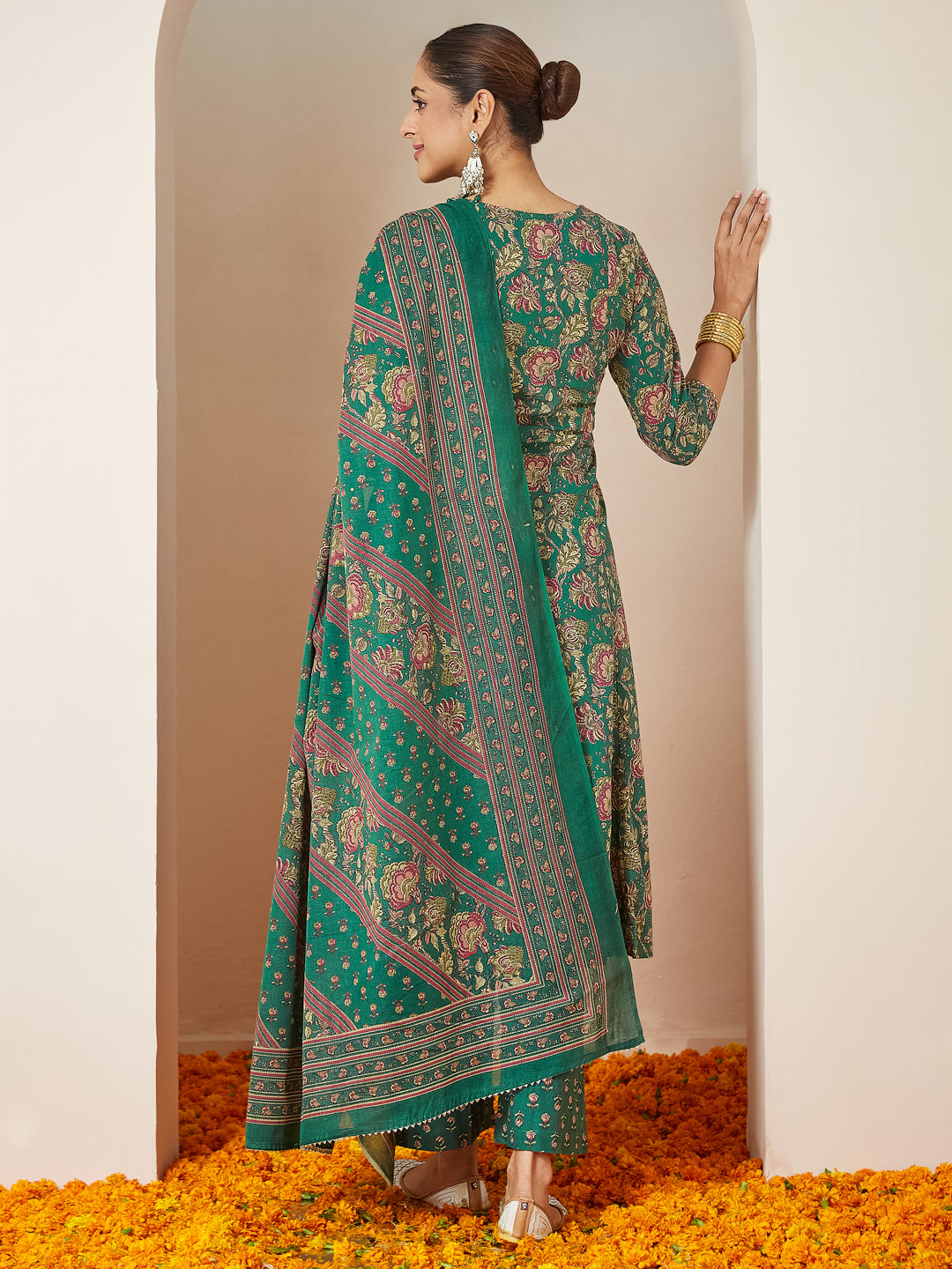 Janasya Women's Dark Green Pure Cotton Floral Printed Yoke Embroidered A-line Kurta Set