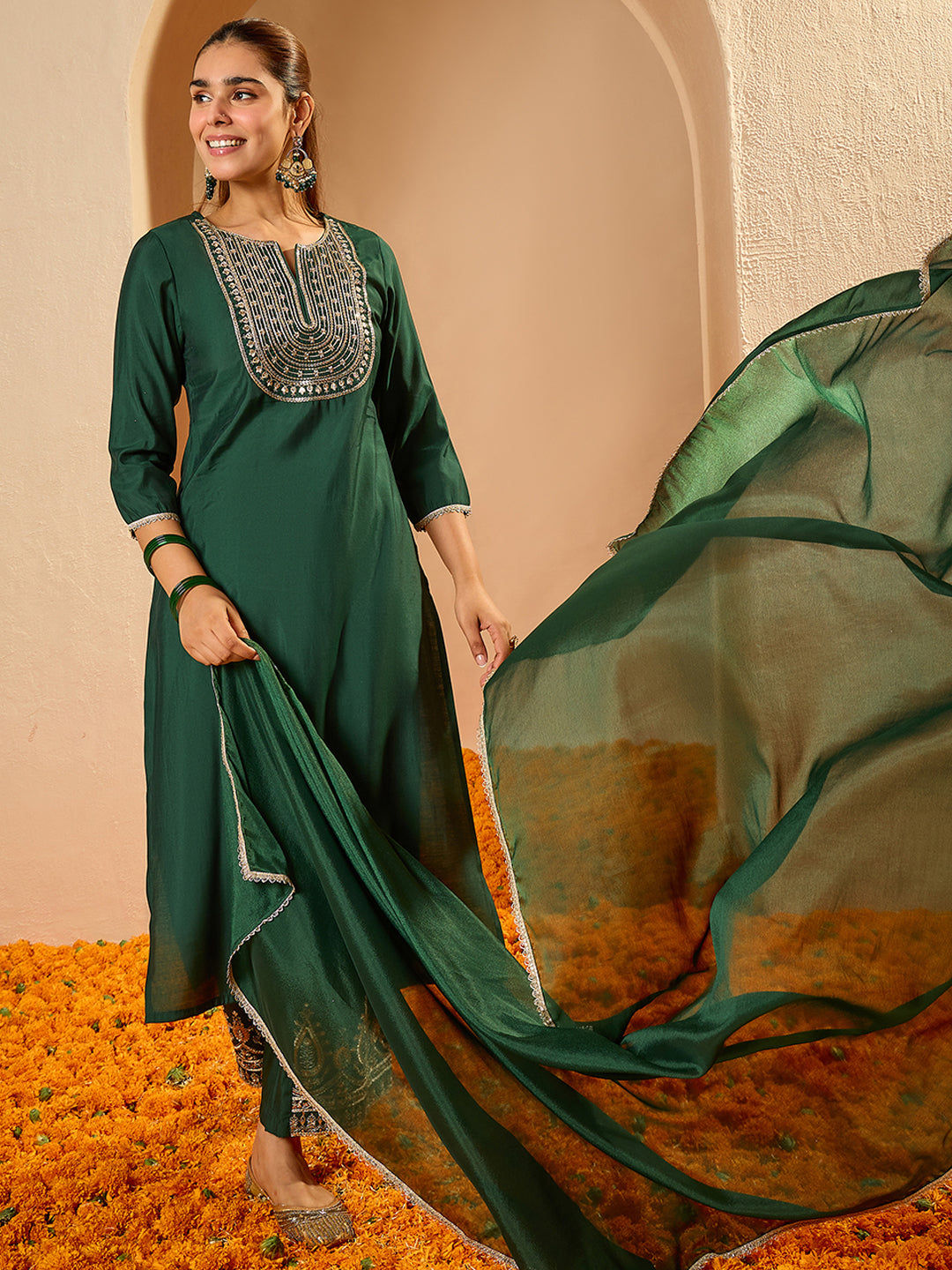 Janasya Women's Dark Green Chanderi Silk Floral Zari Yoke Embroidered Straight Kurta Set
