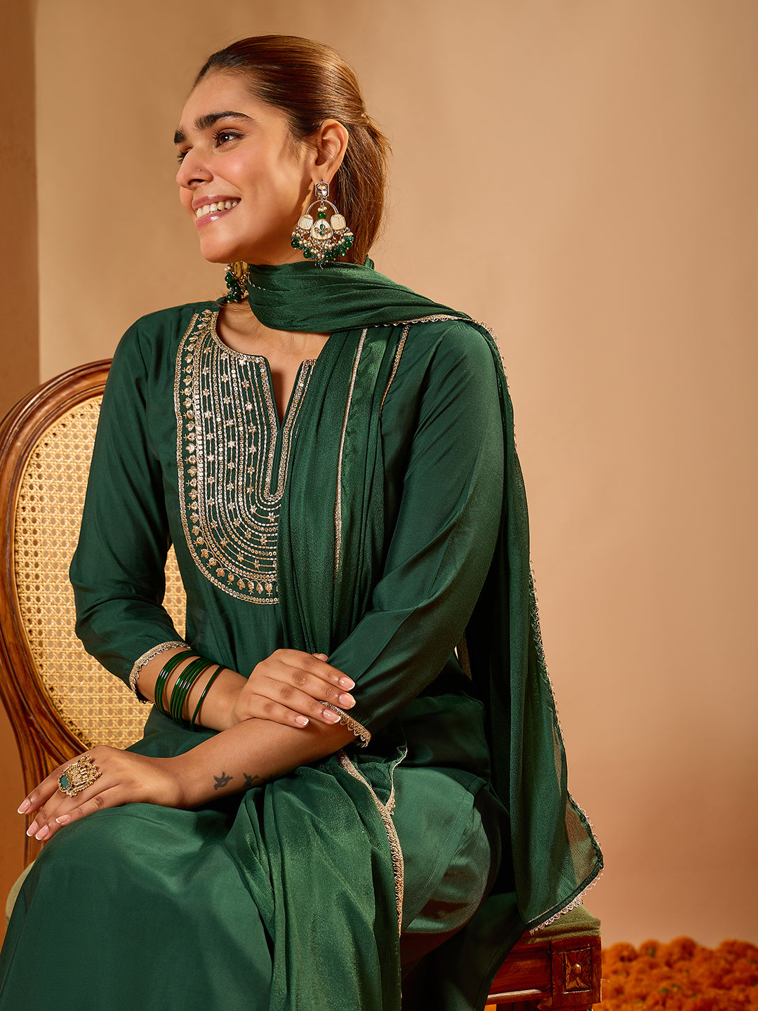 Janasya Women's Dark Green Chanderi Silk Floral Zari Yoke Embroidered Straight Kurta Set