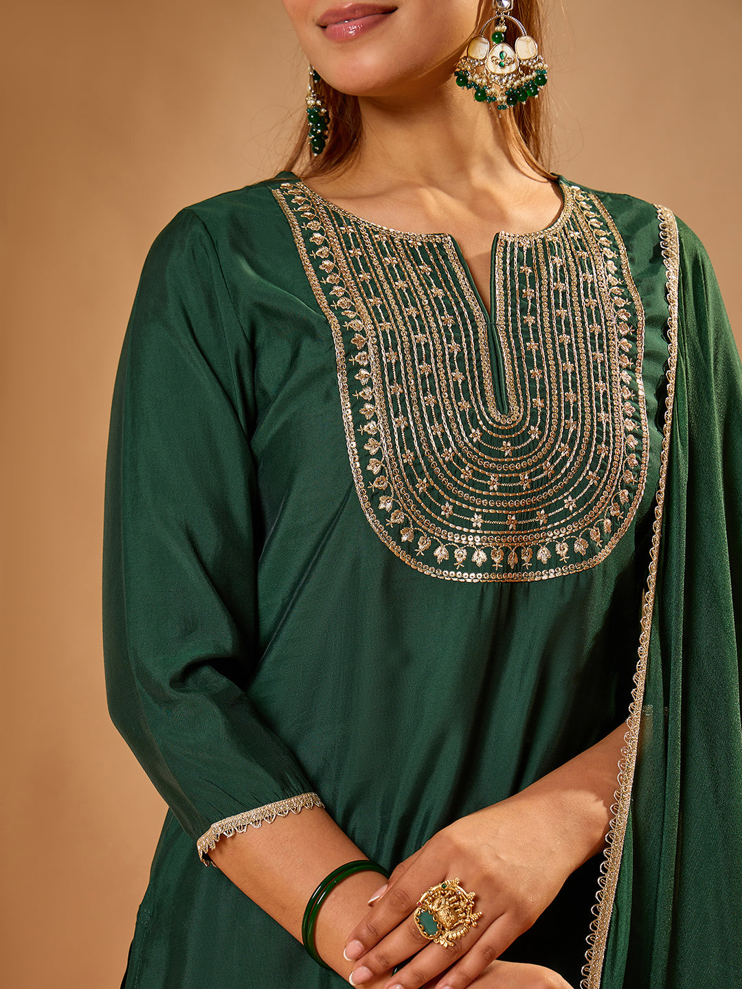 Janasya Women's Dark Green Chanderi Silk Floral Zari Yoke Embroidered Straight Kurta Set