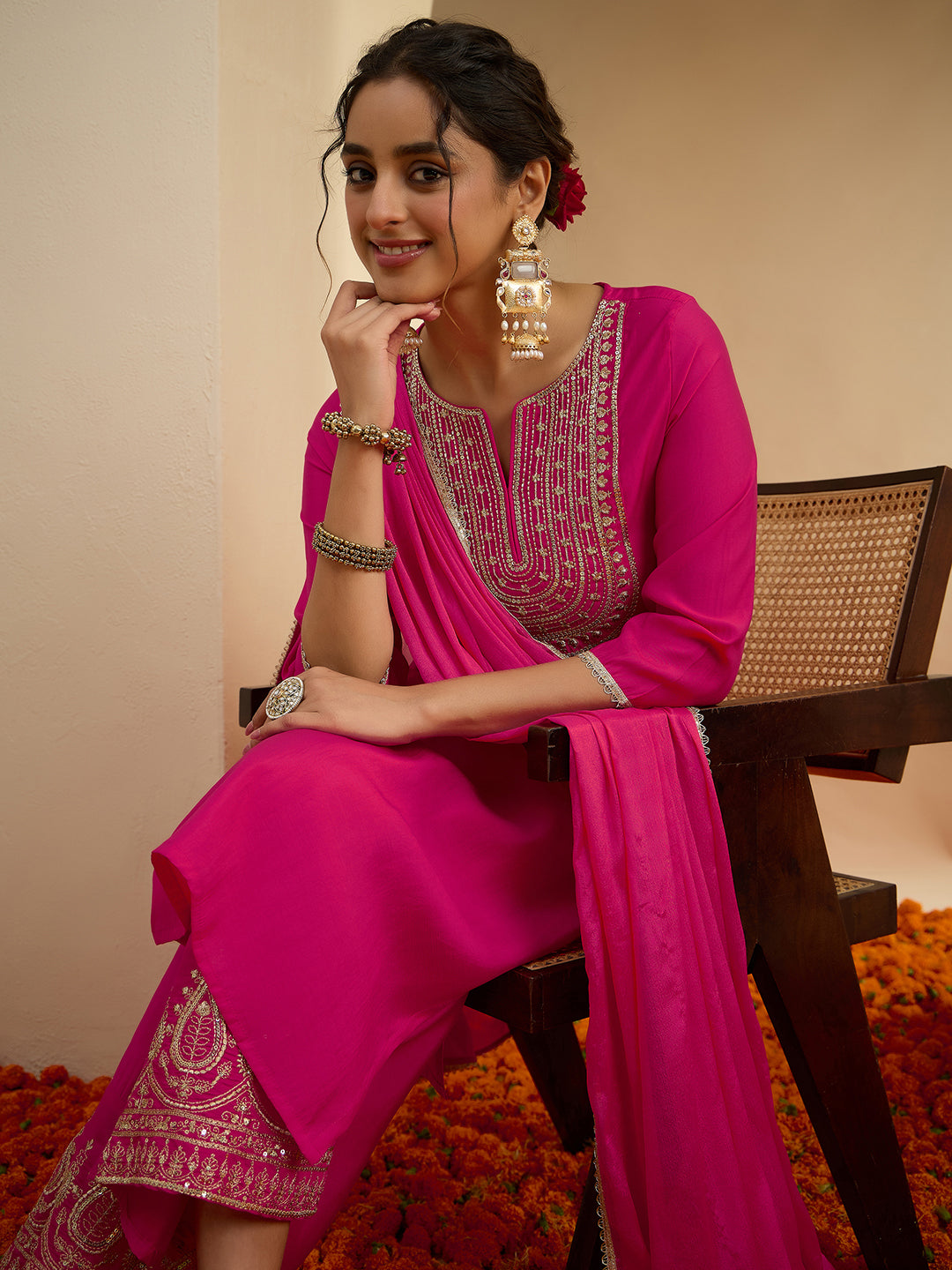 Janasya Women's Pink Chanderi Silk Floral Zari Embroidered Straight Kurta Set