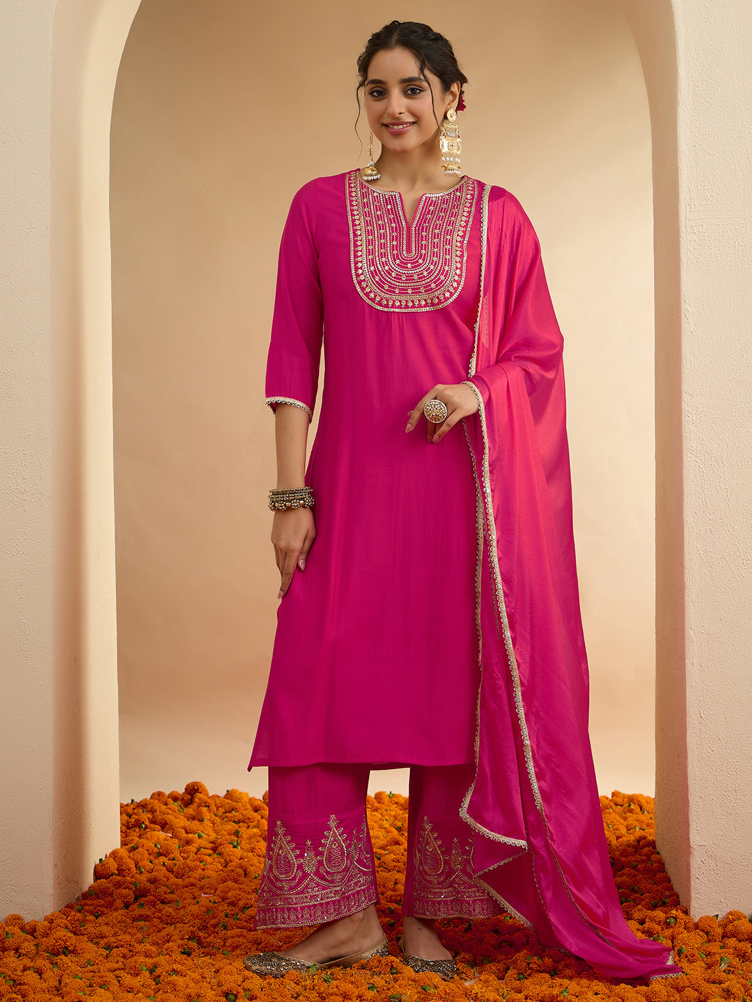 Janasya Women's Pink Chanderi Silk Floral Zari Embroidered Straight Kurta Set