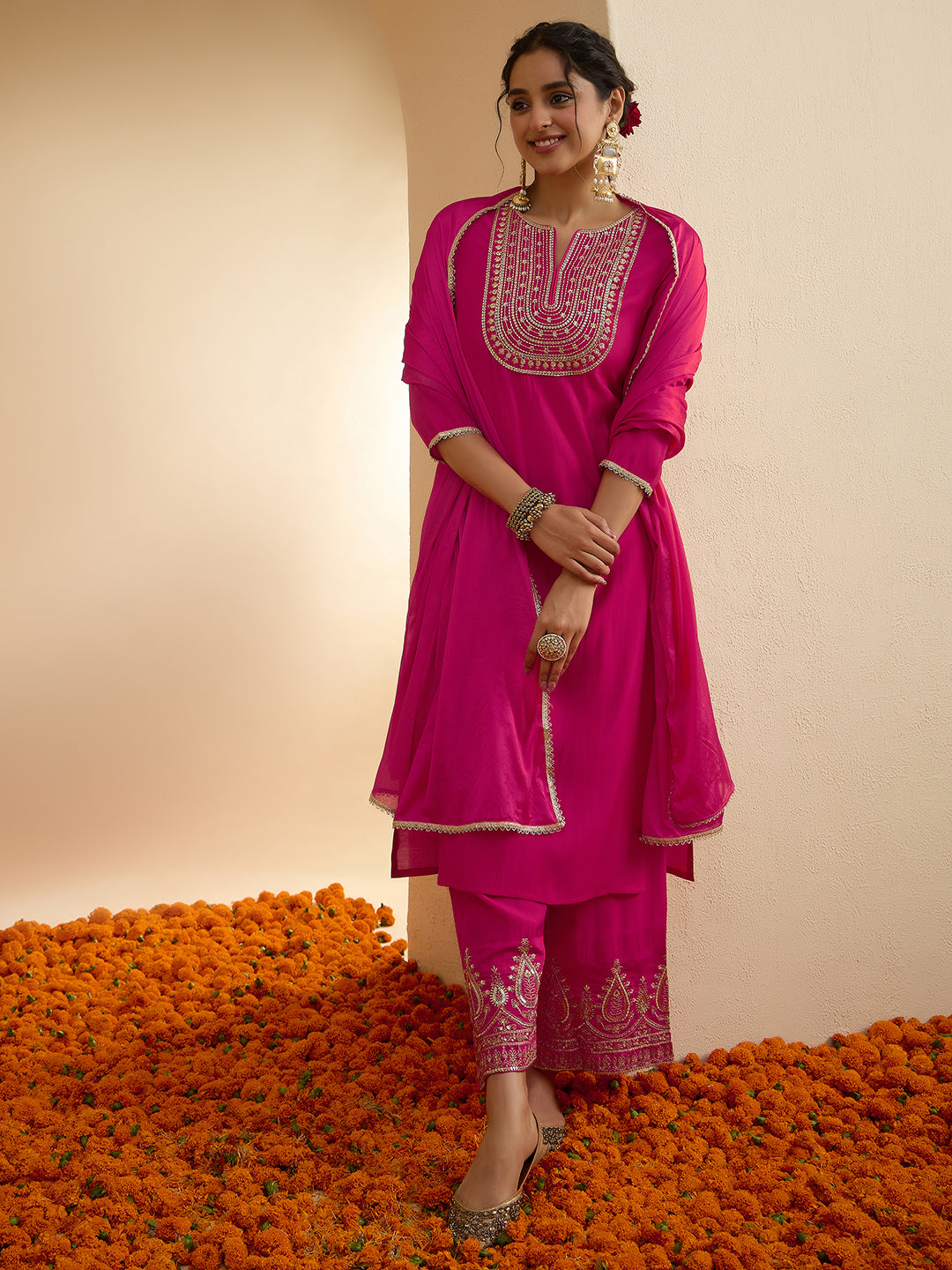 Janasya Women's Pink Chanderi Silk Floral Zari Embroidered Straight Kurta Set