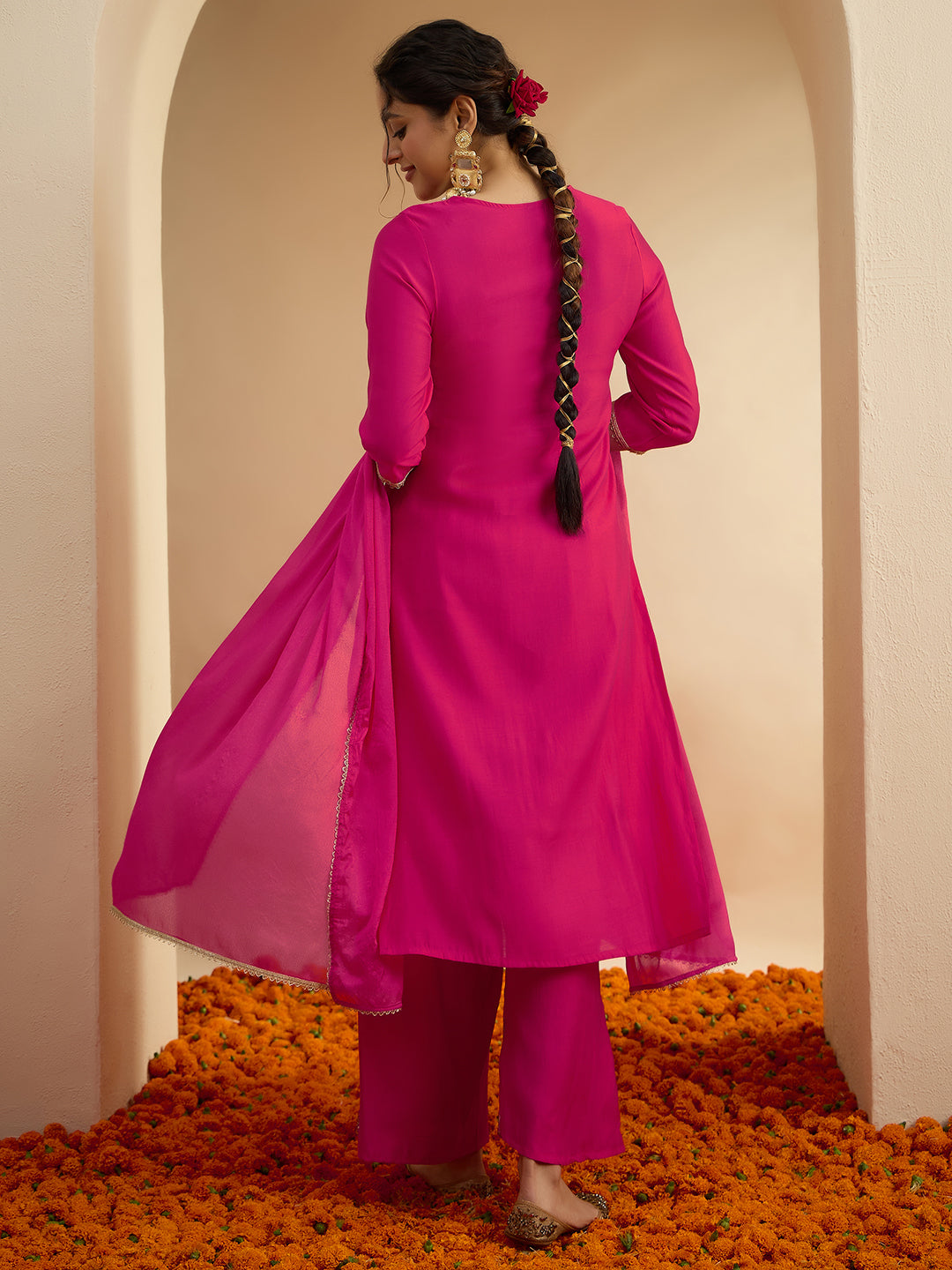 Janasya Women's Pink Chanderi Silk Floral Zari Embroidered Straight Kurta Set