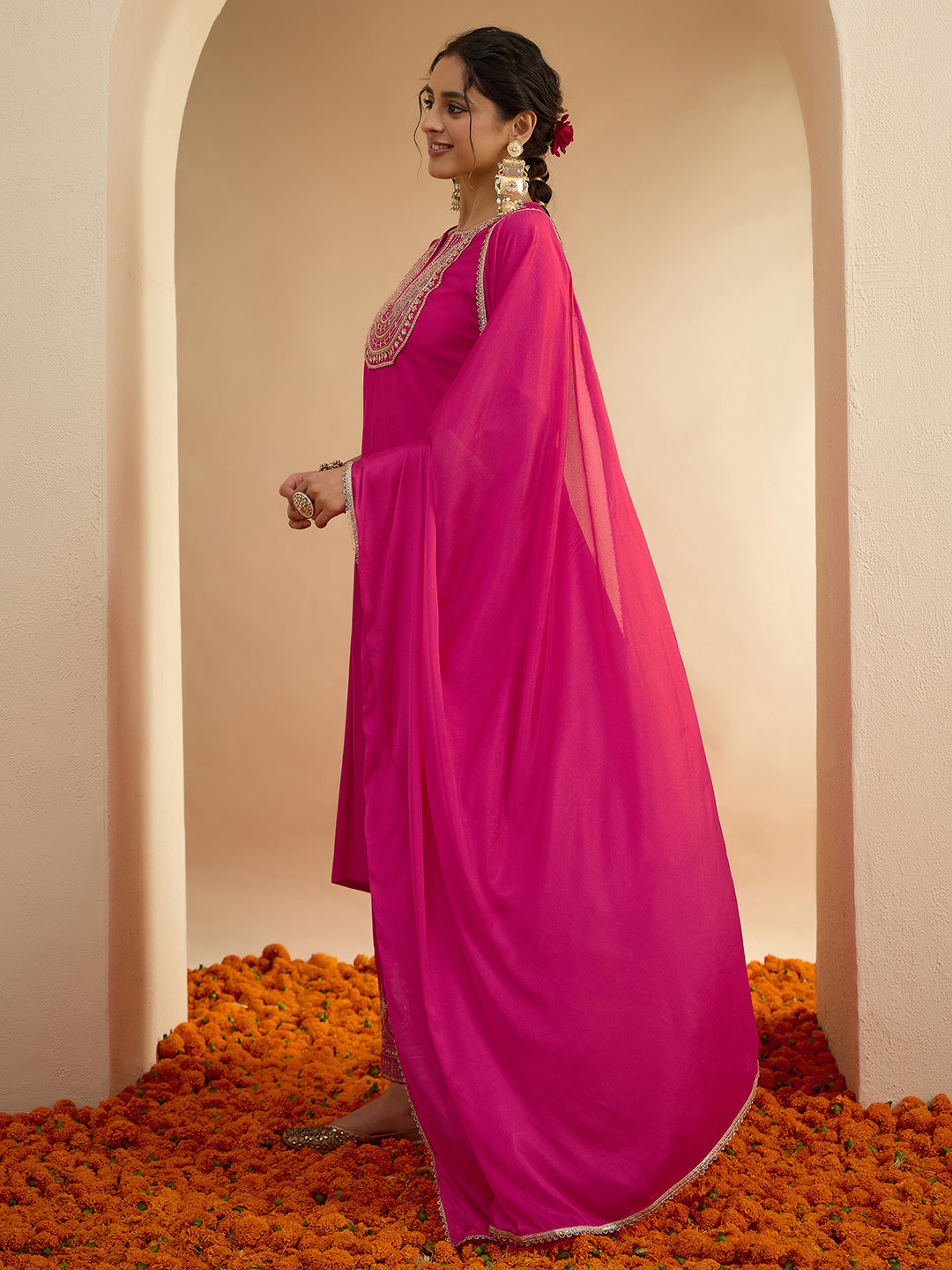 Janasya Women's Pink Chanderi Silk Floral Zari Embroidered Straight Kurta Set