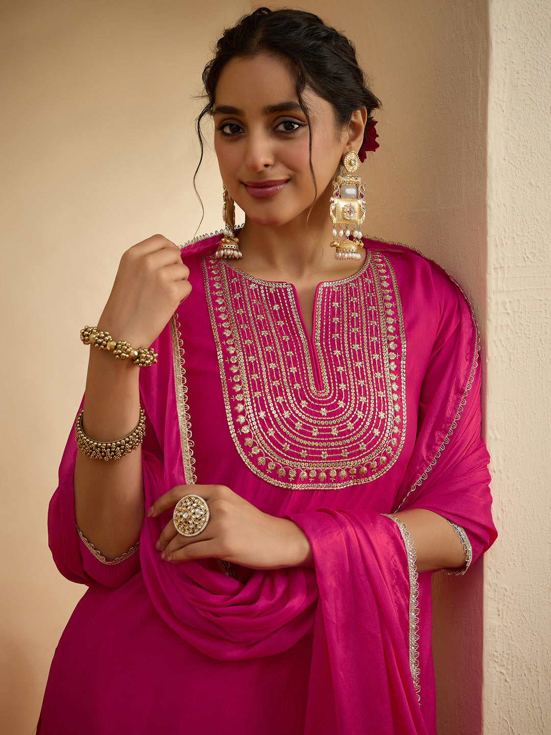 Janasya Women's Pink Chanderi Silk Floral Zari Embroidered Straight Kurta Set