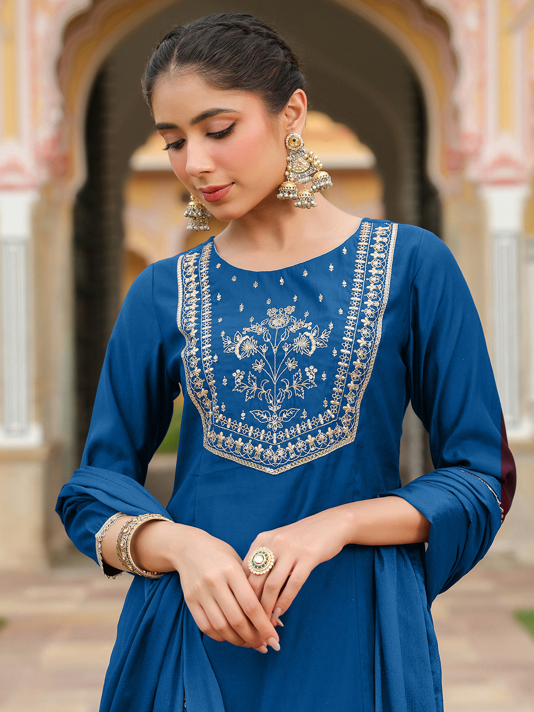 Janasya Women's Teal Blue Chanderi Silk Zari Embroidered A-line Kurta Set