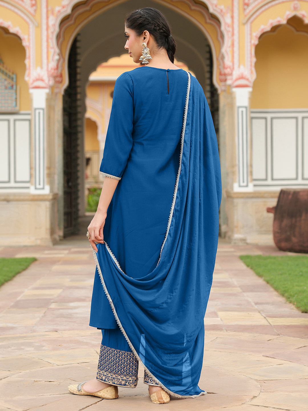 Janasya Women's Teal Blue Chanderi Silk Zari Embroidered A-line Kurta Set