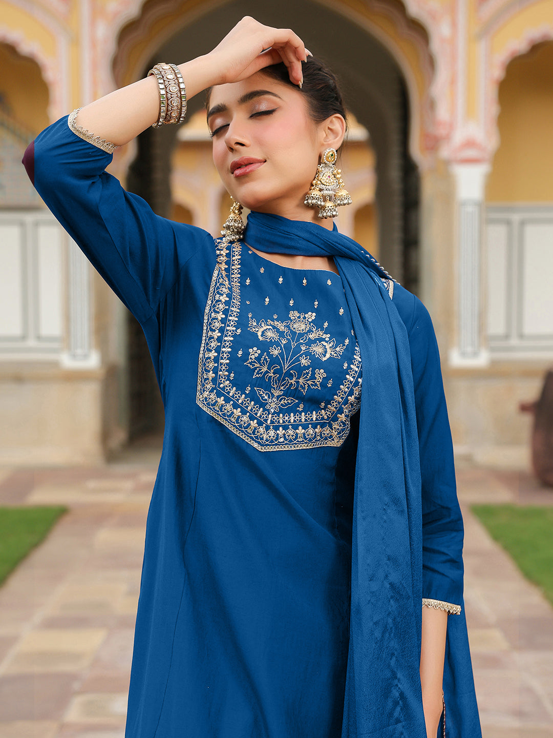 Janasya Women's Teal Blue Chanderi Silk Zari Embroidered A-line Kurta Set