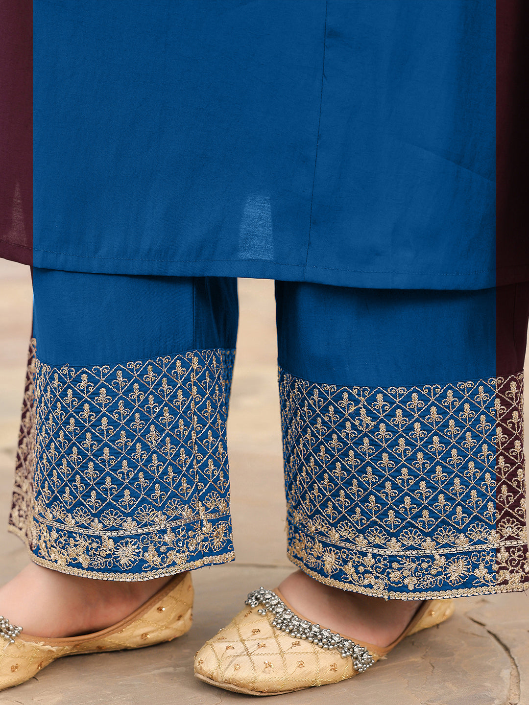 Janasya Women's Teal Blue Chanderi Silk Zari Embroidered A-line Kurta Set