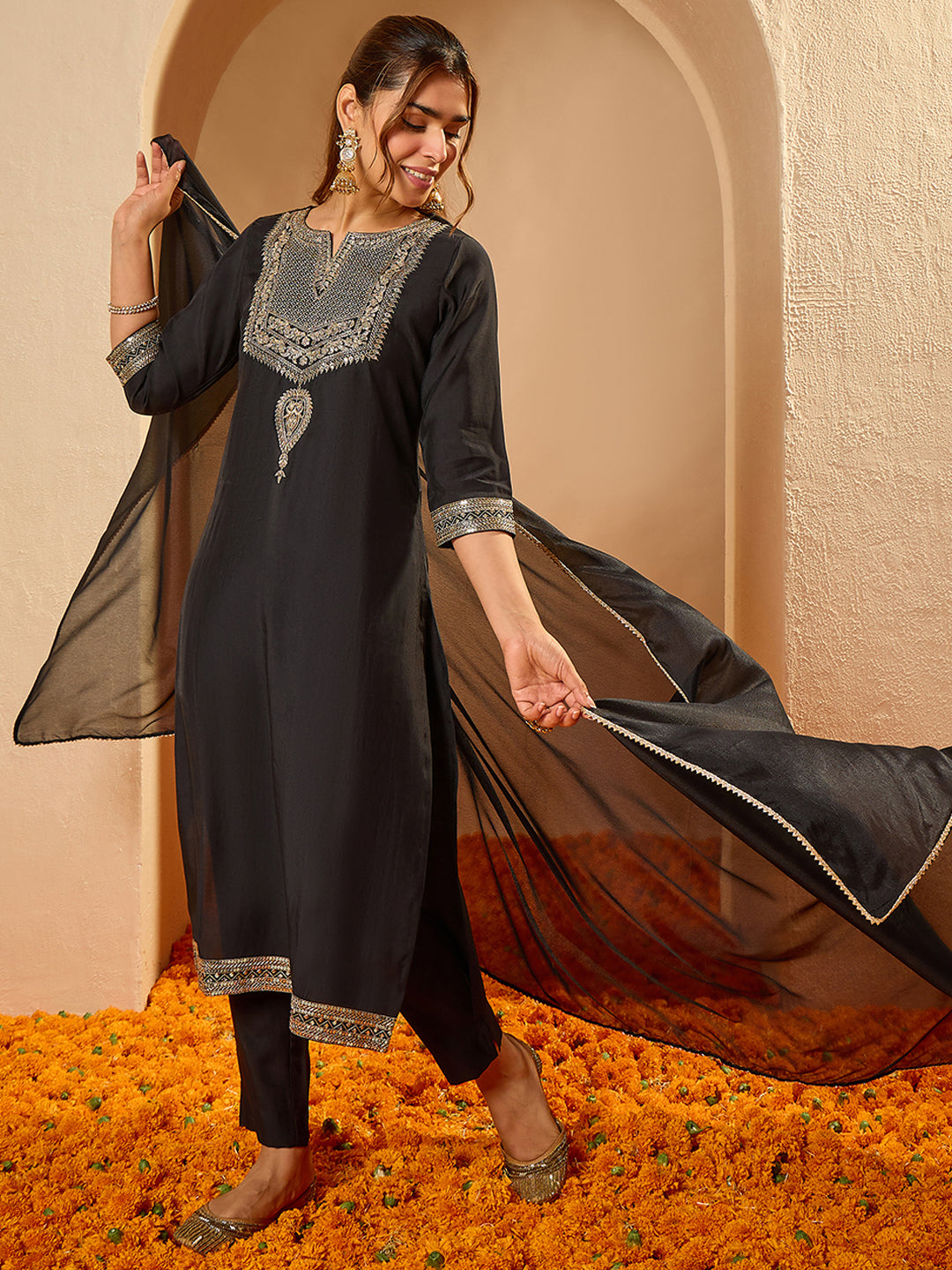 Janasya Women's Black Chanderi Silk Zari Embroidered Straight Kurta Set
