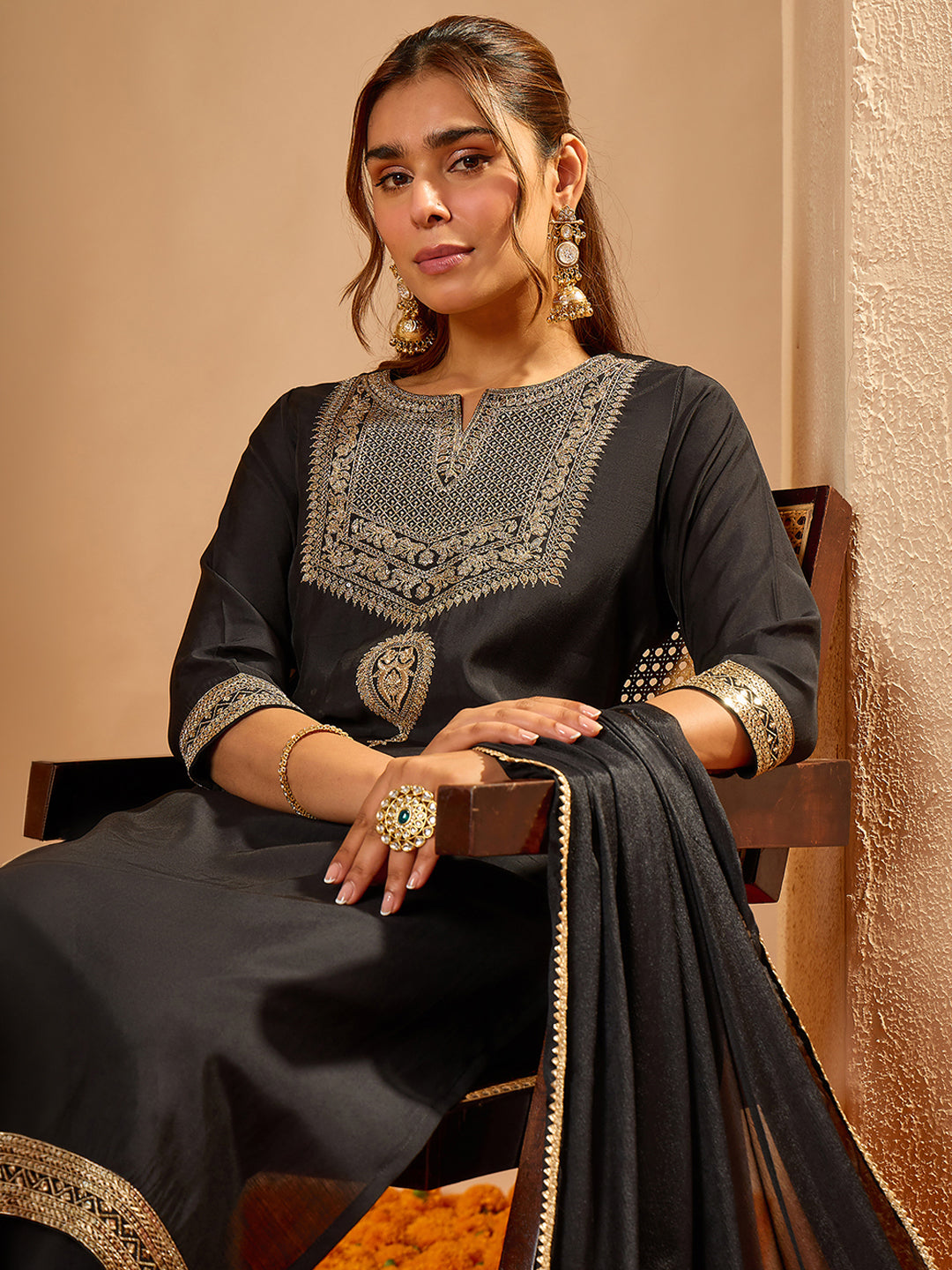 Janasya Women's Black Chanderi Silk Zari Embroidered Straight Kurta Set