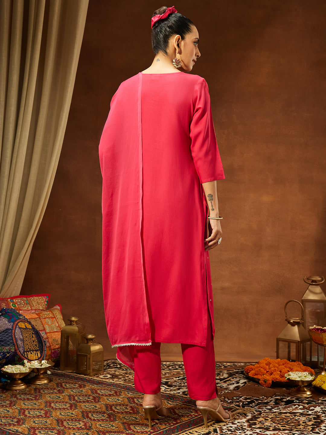 Janasya Women's Pink Rayon Embroidered Straight Kurta Set
