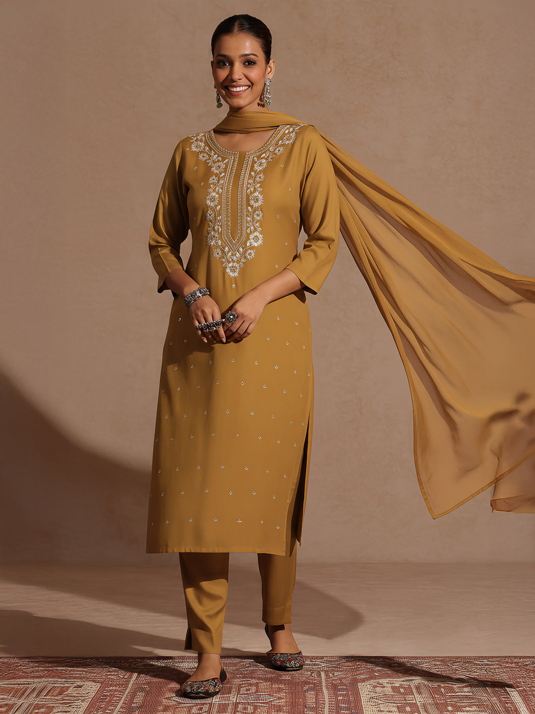 Janasya Women's Mustard Rayon Embroidered Straight Kurta Set