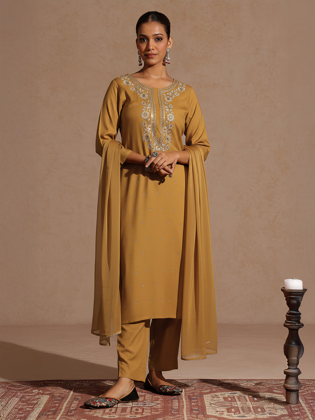 Janasya Women's Mustard Rayon Embroidered Straight Kurta Set