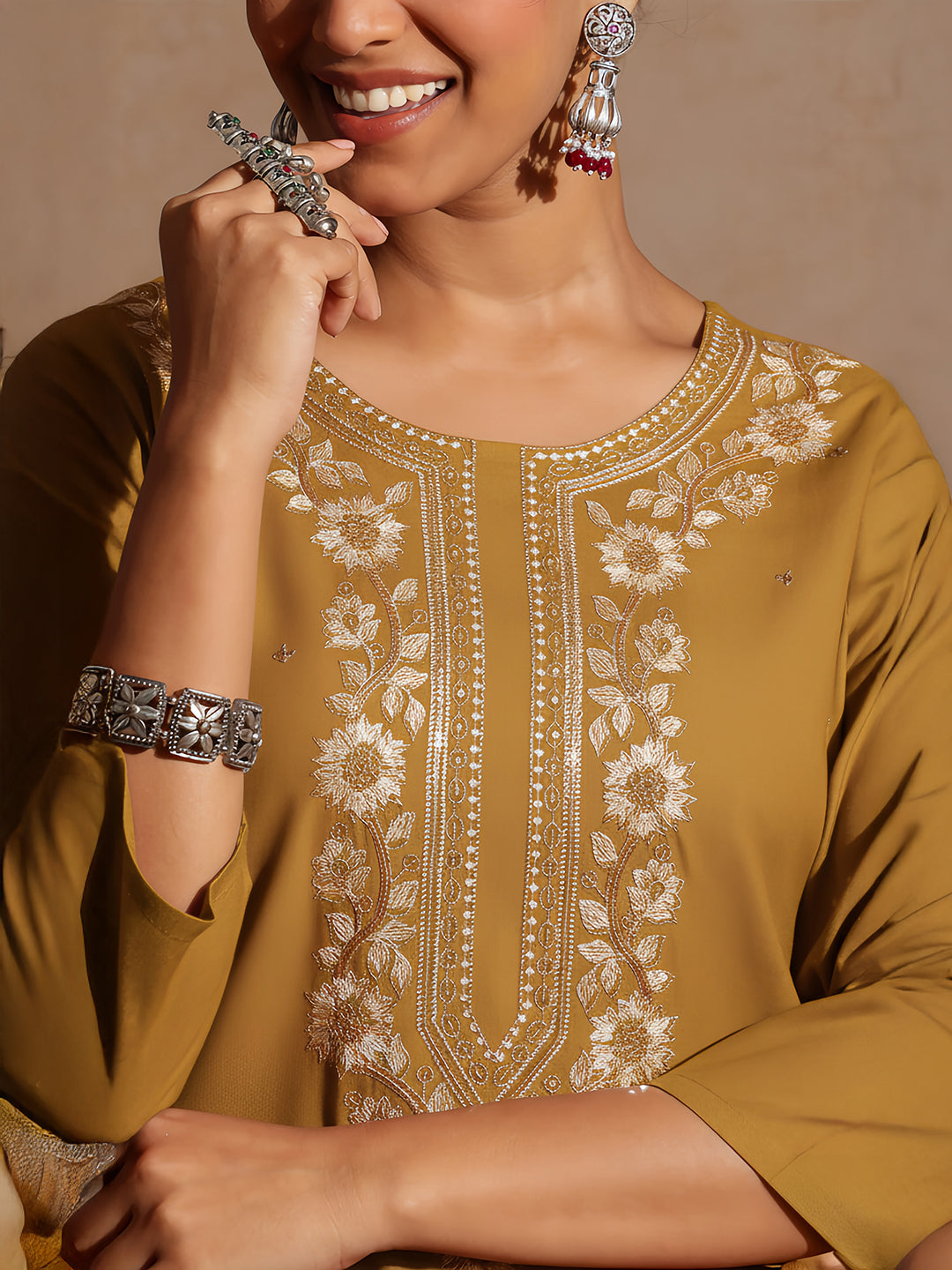 Janasya Women's Mustard Rayon Embroidered Straight Kurta Set